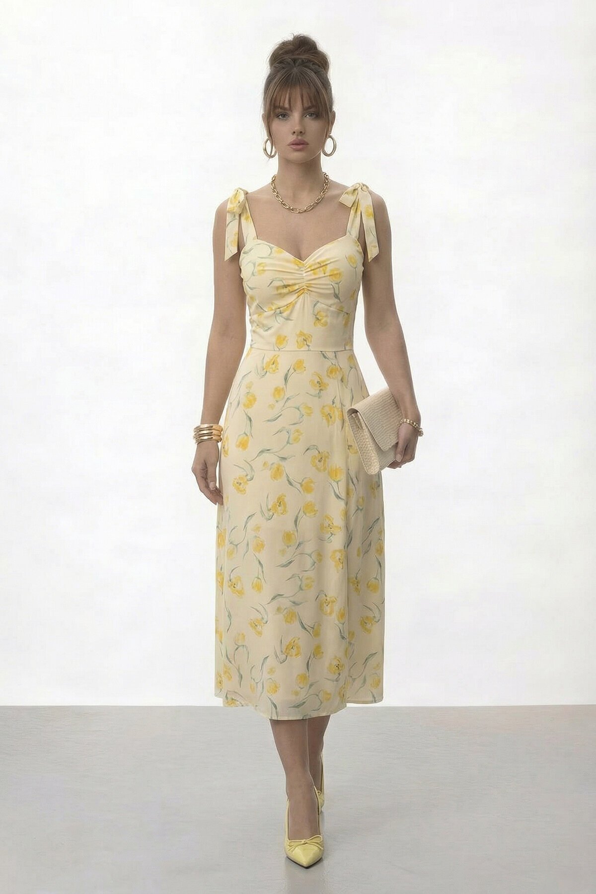 Askılı Omuzdan Bağlamalı Büzgülü Çiçek Desenli Midi Elbise