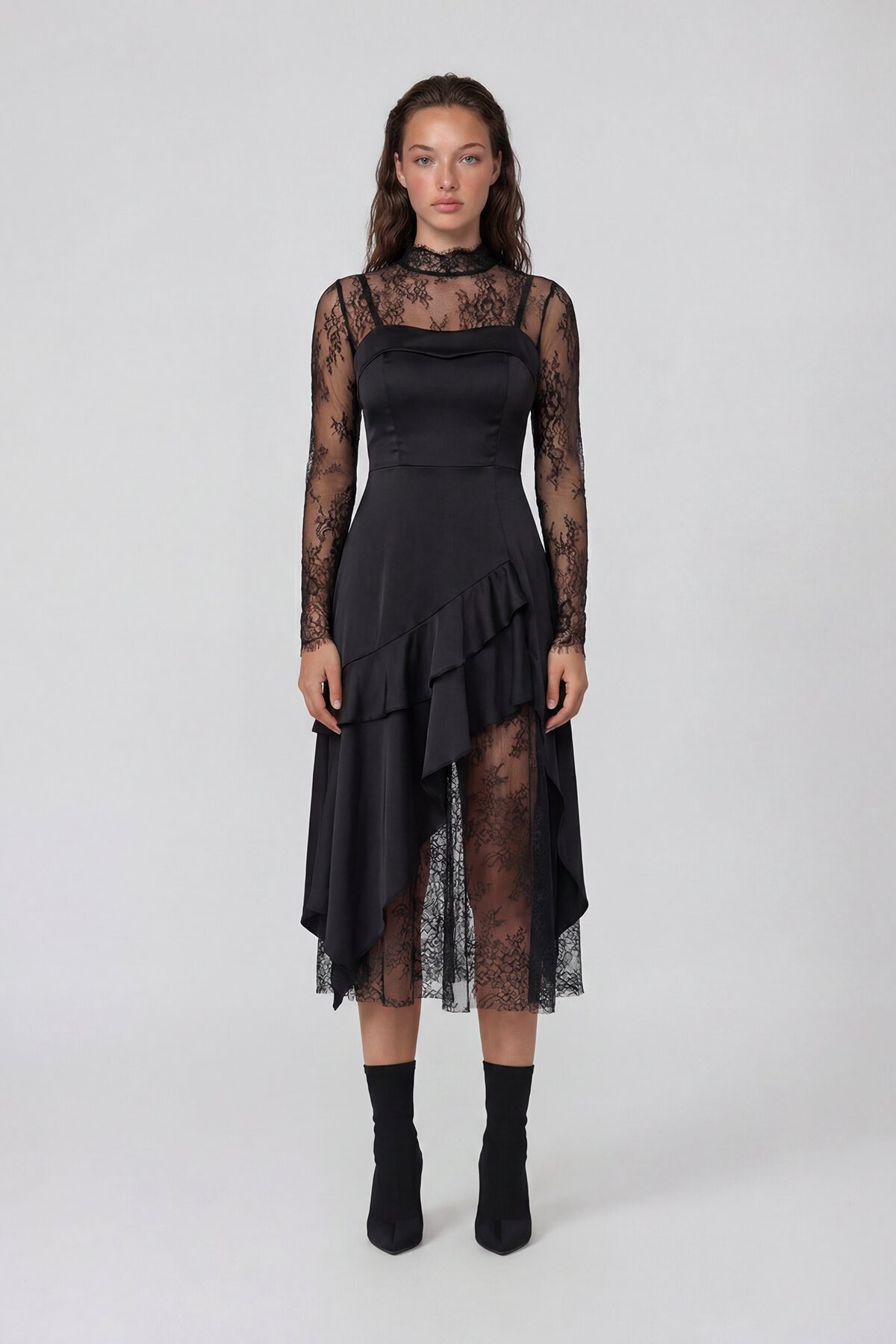 Ayarlanabilinir Askılı İçi Astarlı Saten Elbise Ve Dantel Bluz Takım