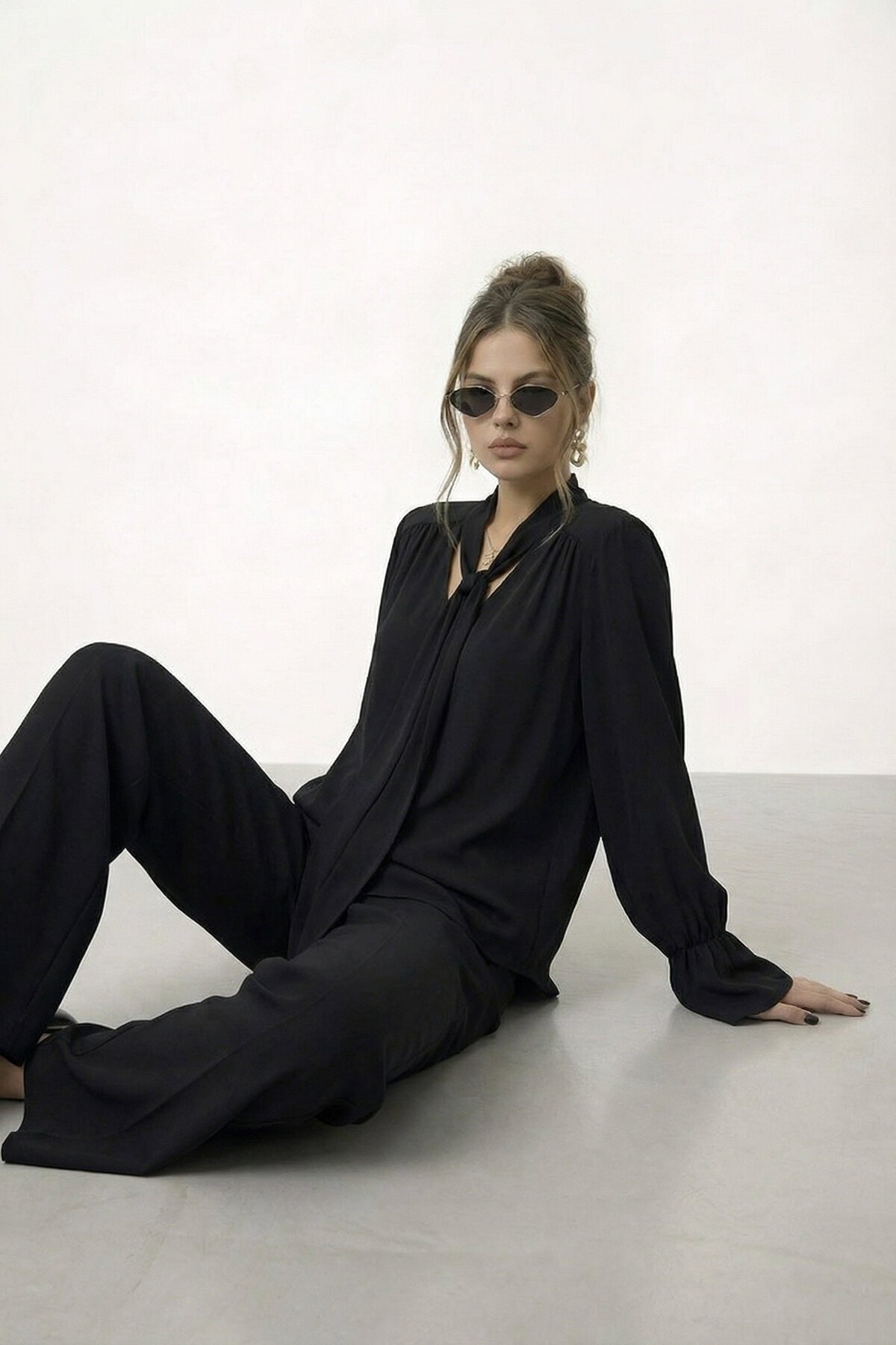 Bağlama Yaka İspanyol Kol Bluz Ve Pantolon Takım