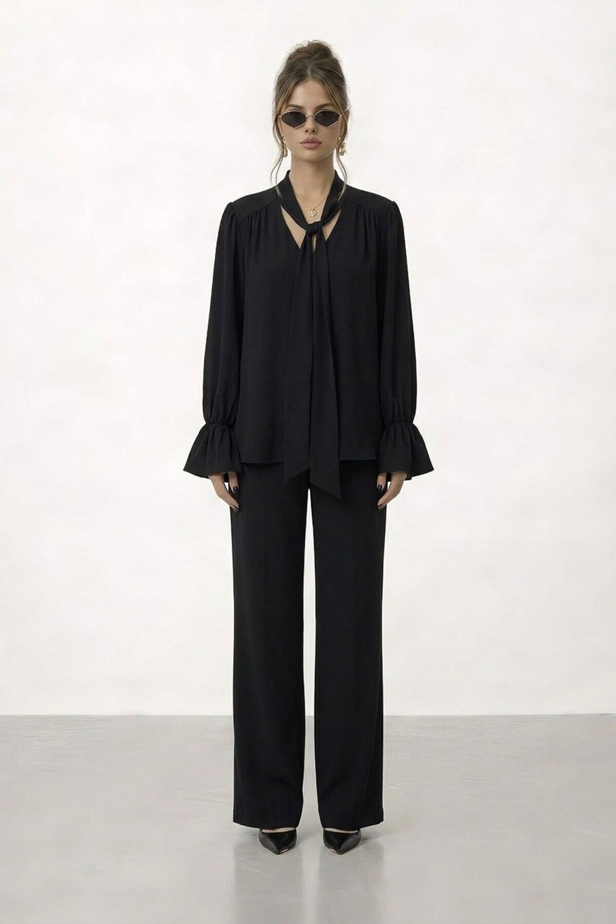 Bağlama Yaka İspanyol Kol Bluz Ve Pantolon Takım