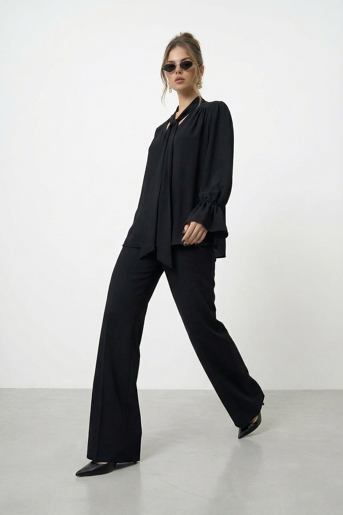 Bağlama Yaka İspanyol Kol Bluz Ve Pantolon Takım