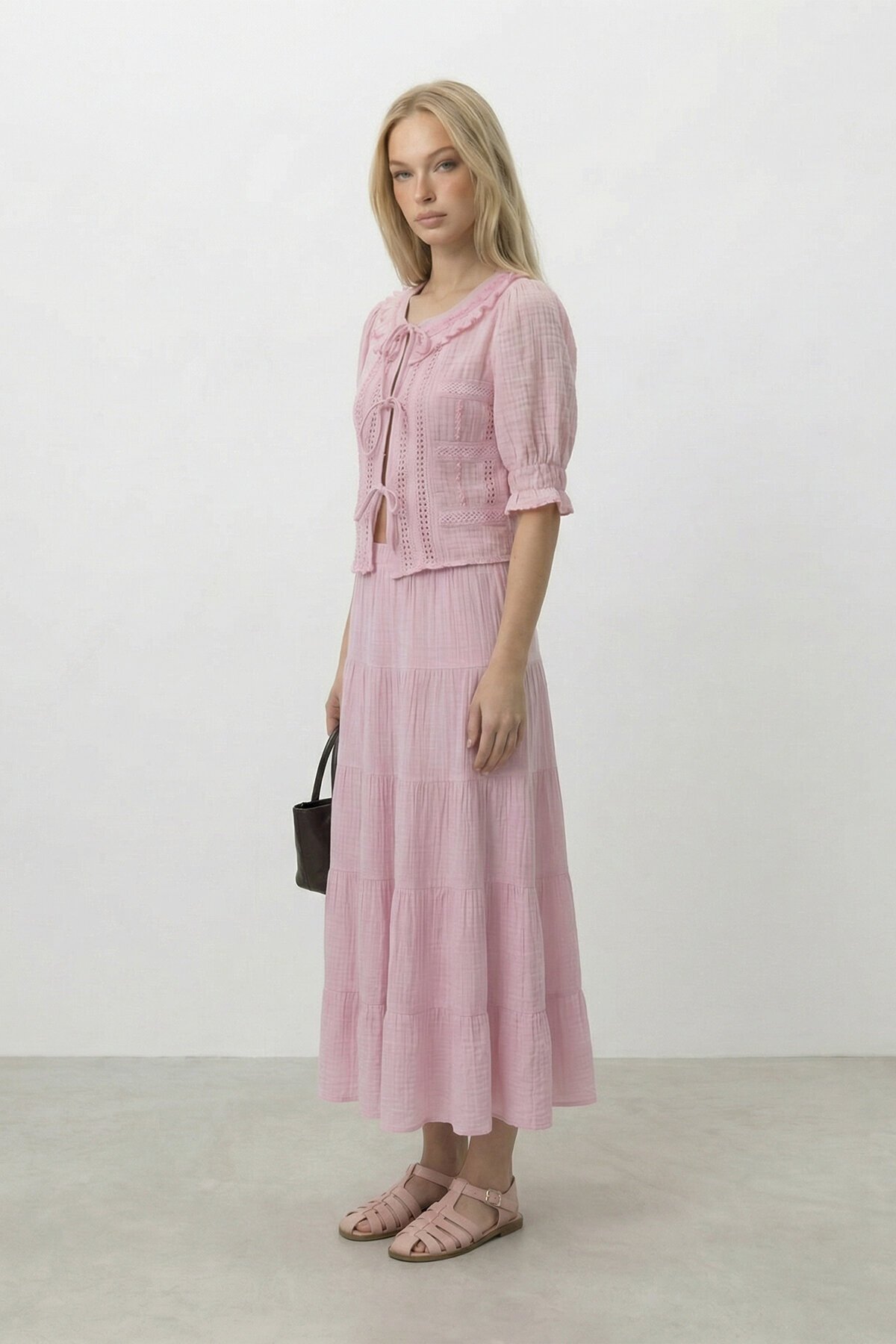 Bağlamalı Bluz Ve Lastikli Midi Etek Takım