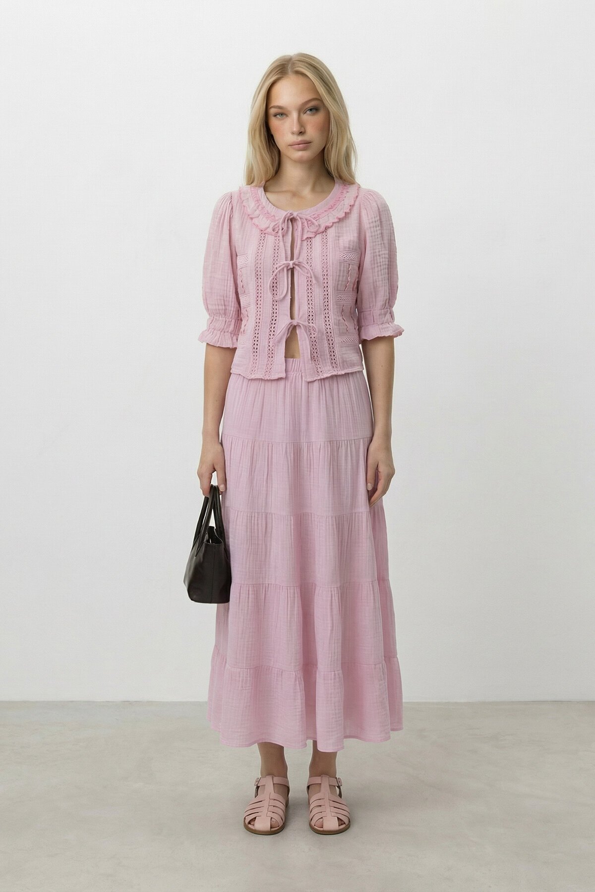 Bağlamalı Bluz Ve Lastikli Midi Etek Takım