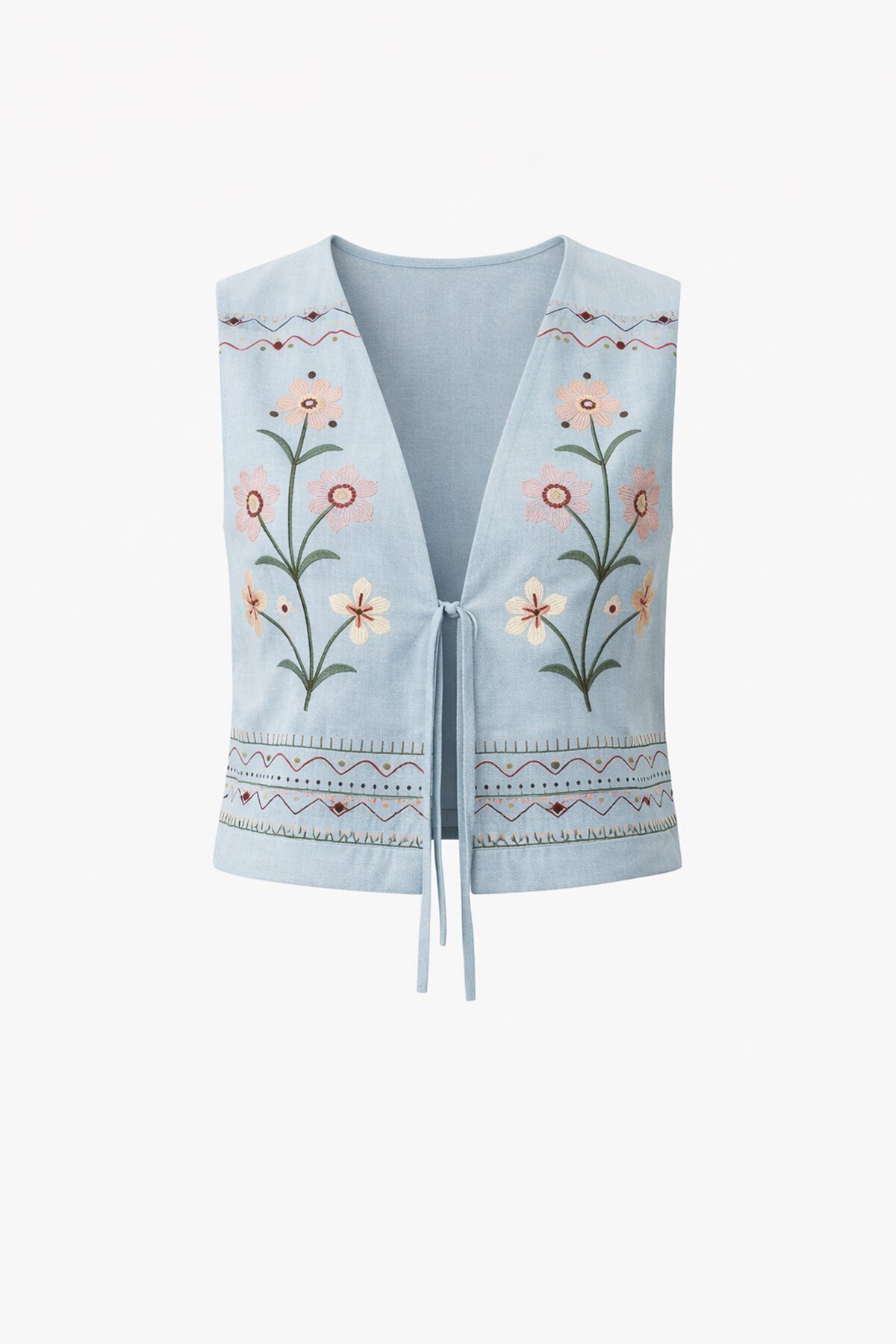 Bebe Mavi Nakışlı Bağcık Detaylı Tasarım Ham Keten Yelek