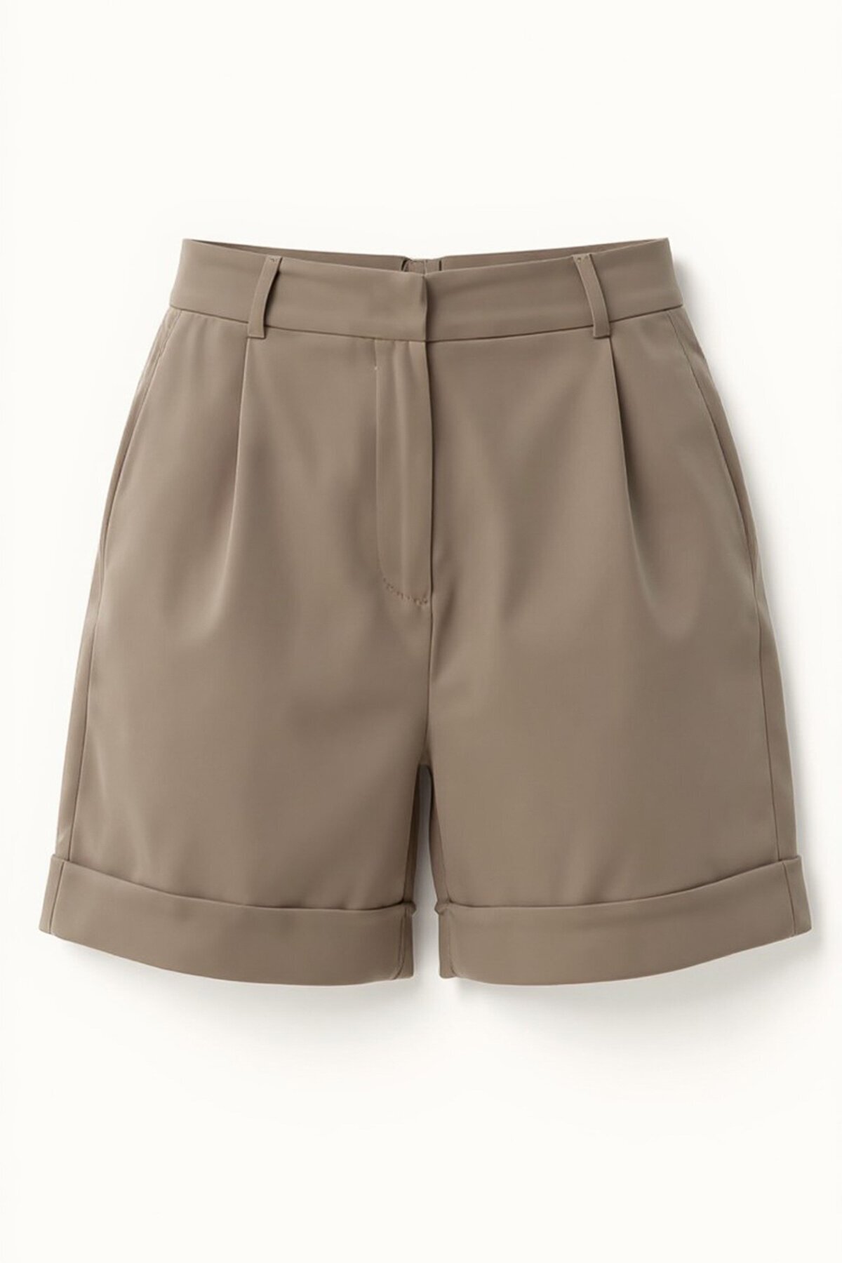 Bej Çift Cepli Duble Paça Gizli Fermuarlı Keten Şort