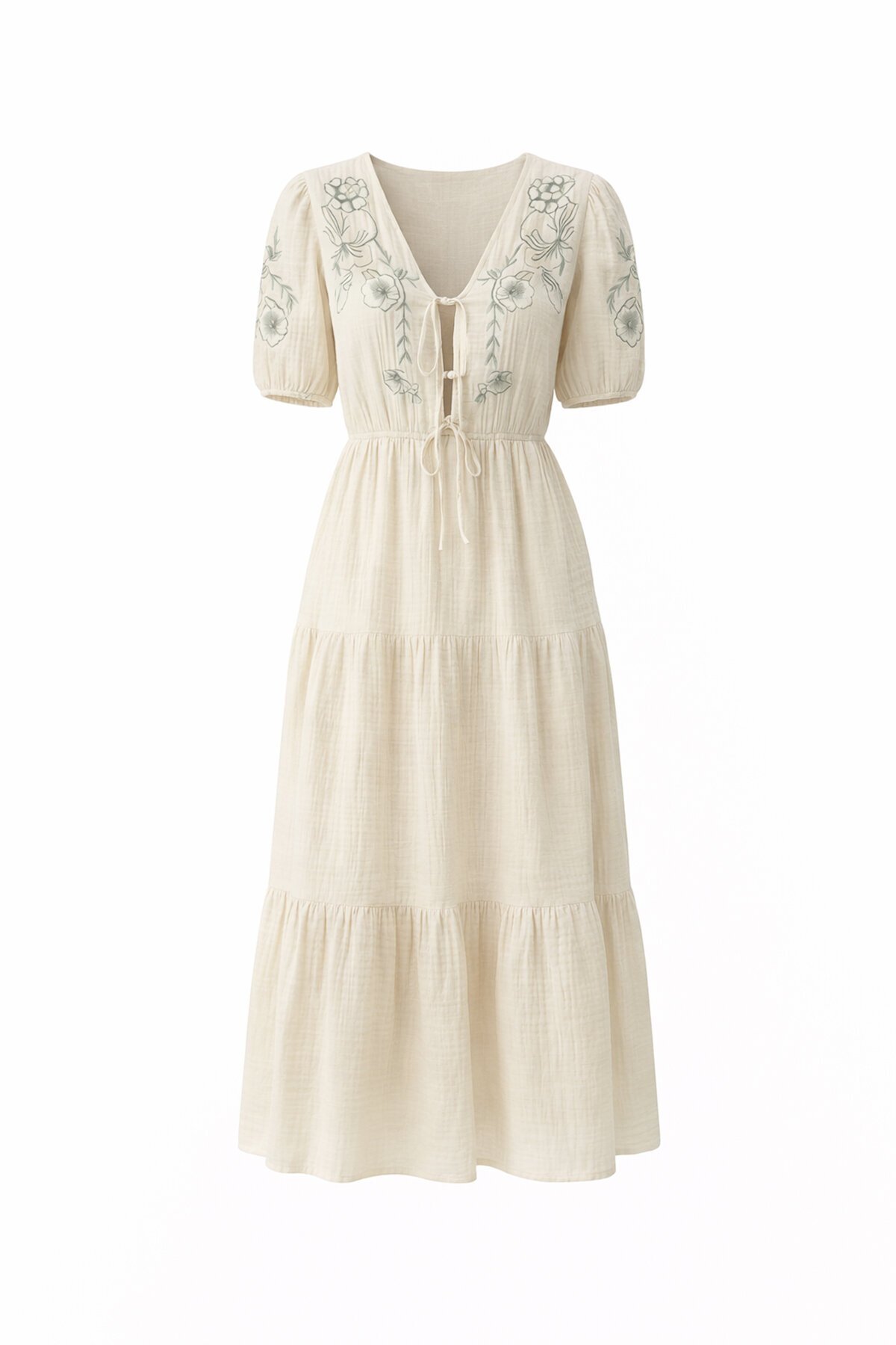 Bej Nakışlı Bağlama Detaylı Midi Boy Müslin Elbise