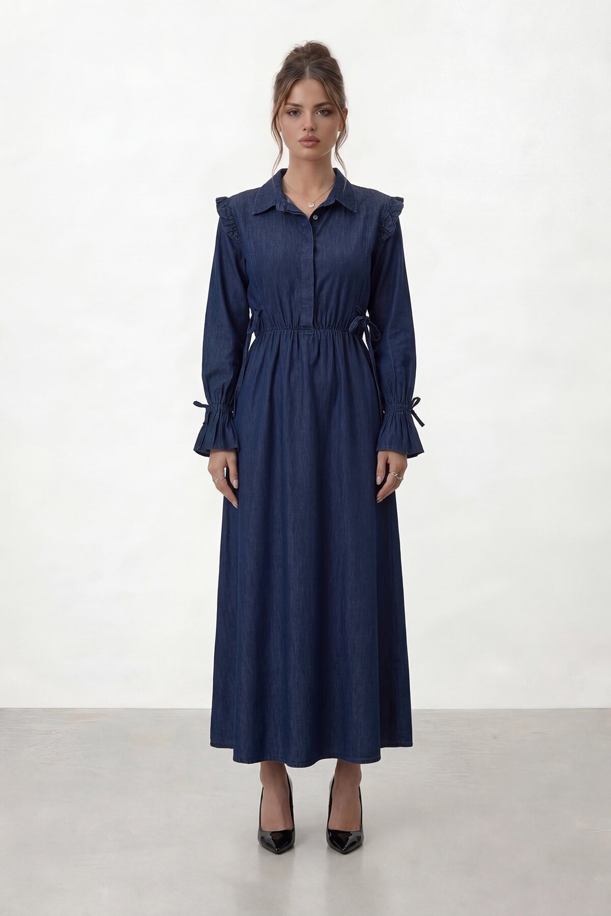 Belden Büzgülü Bağlama Detaylı Uzun Kollu Midi Elbise