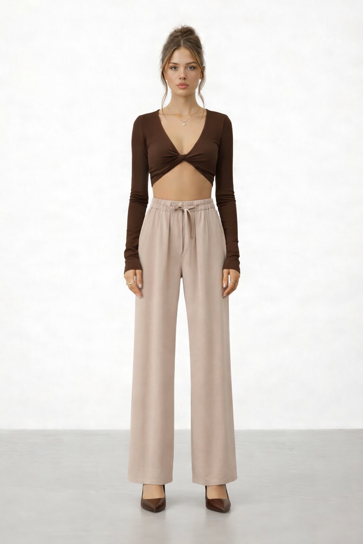 Beli Lastikli Bağlamalı Geniş Paça Pantolon