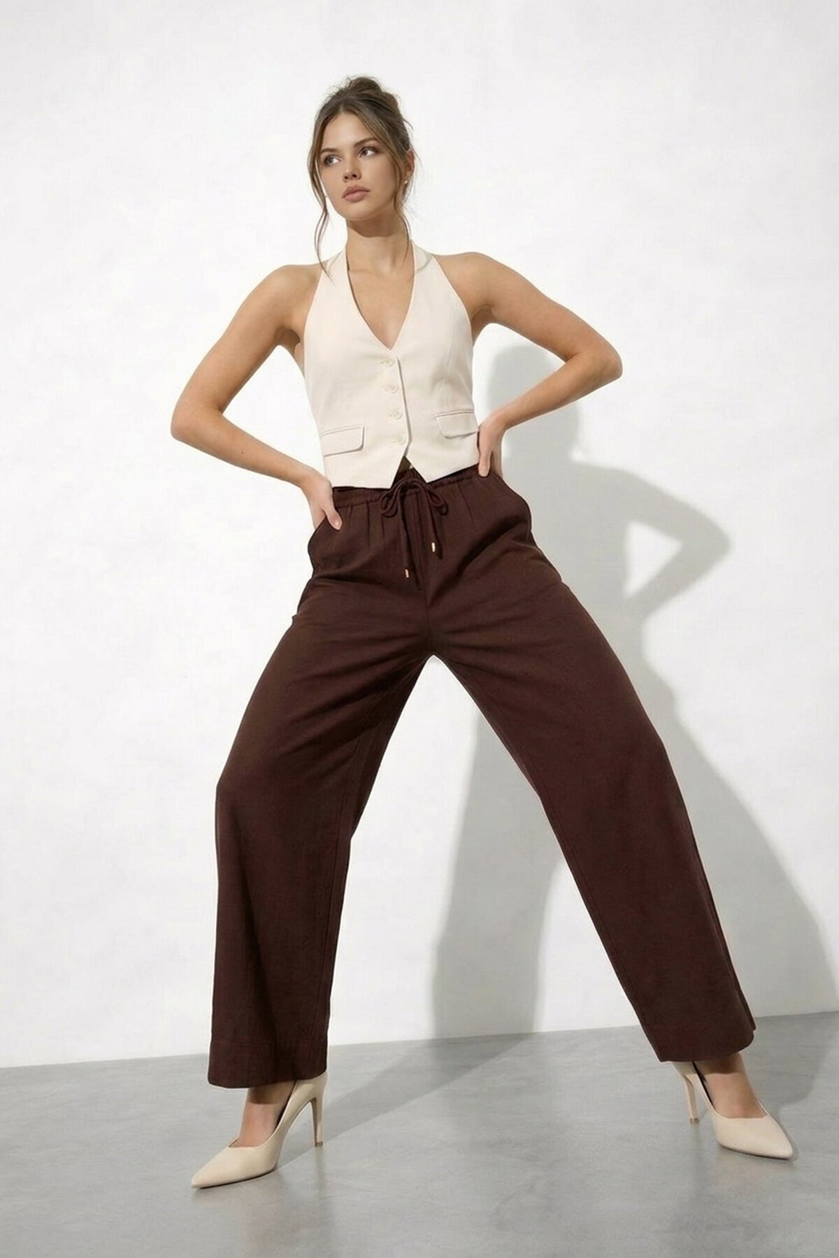 Beli Lastikli Bağlamalı Geniş Paça Pantolon