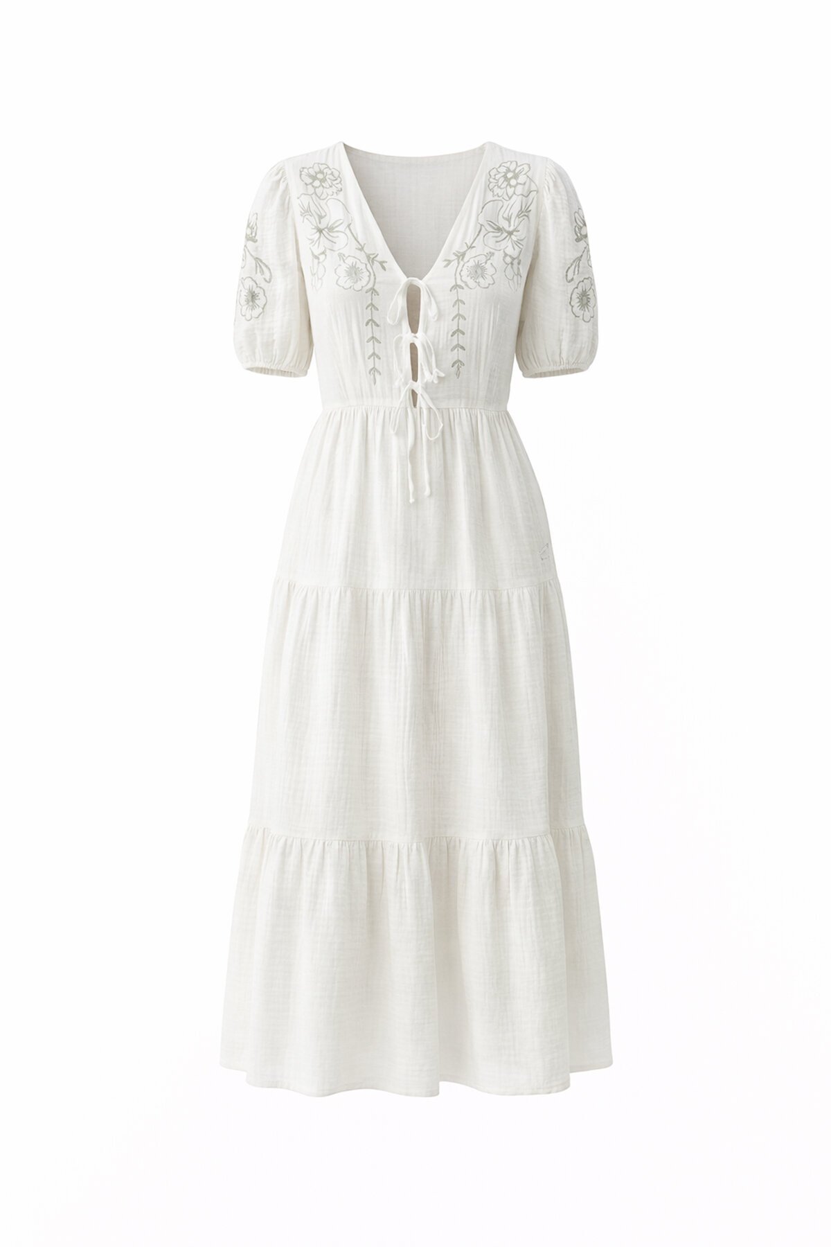 Beyaz Nakışlı Bağlama Detaylı Midi Boy Müslin Elbise