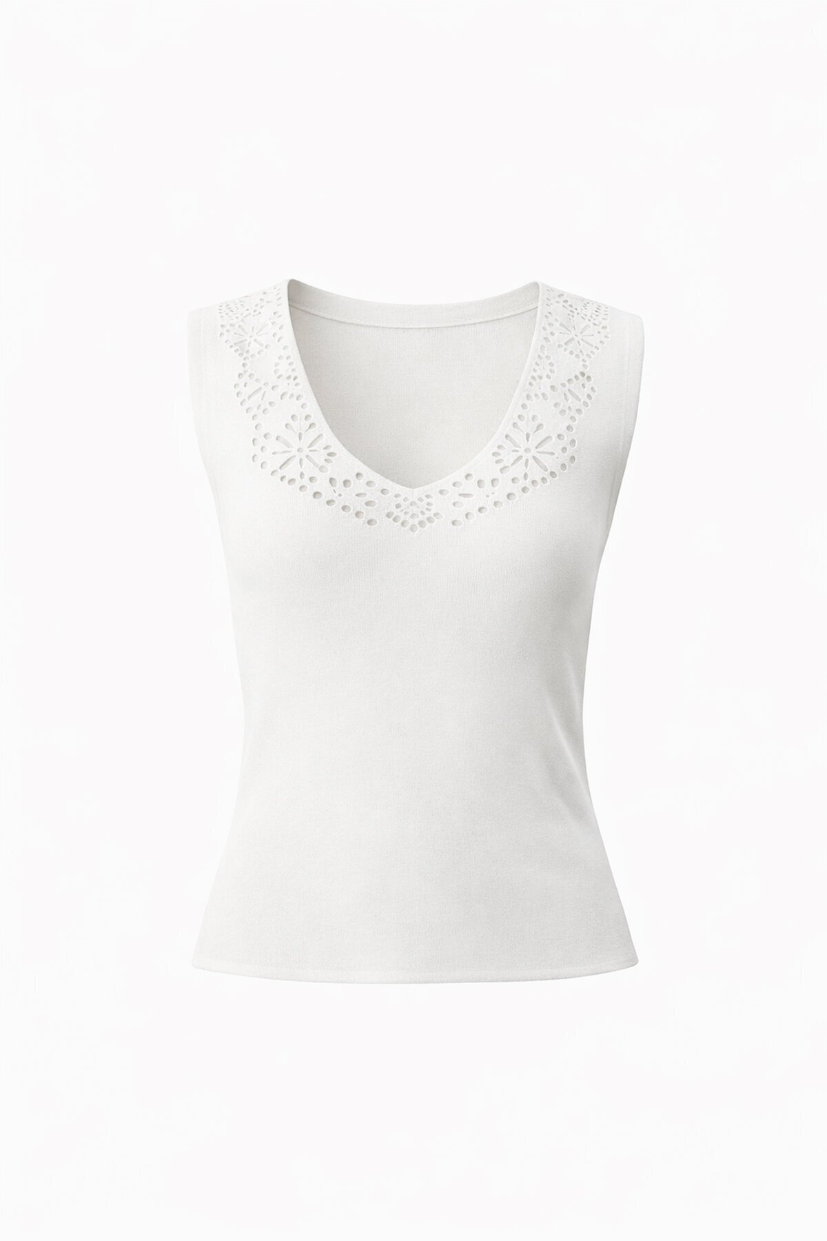 Beyaz Ön Arka V Yaka Ajurlu Yazlık Triko Bluz