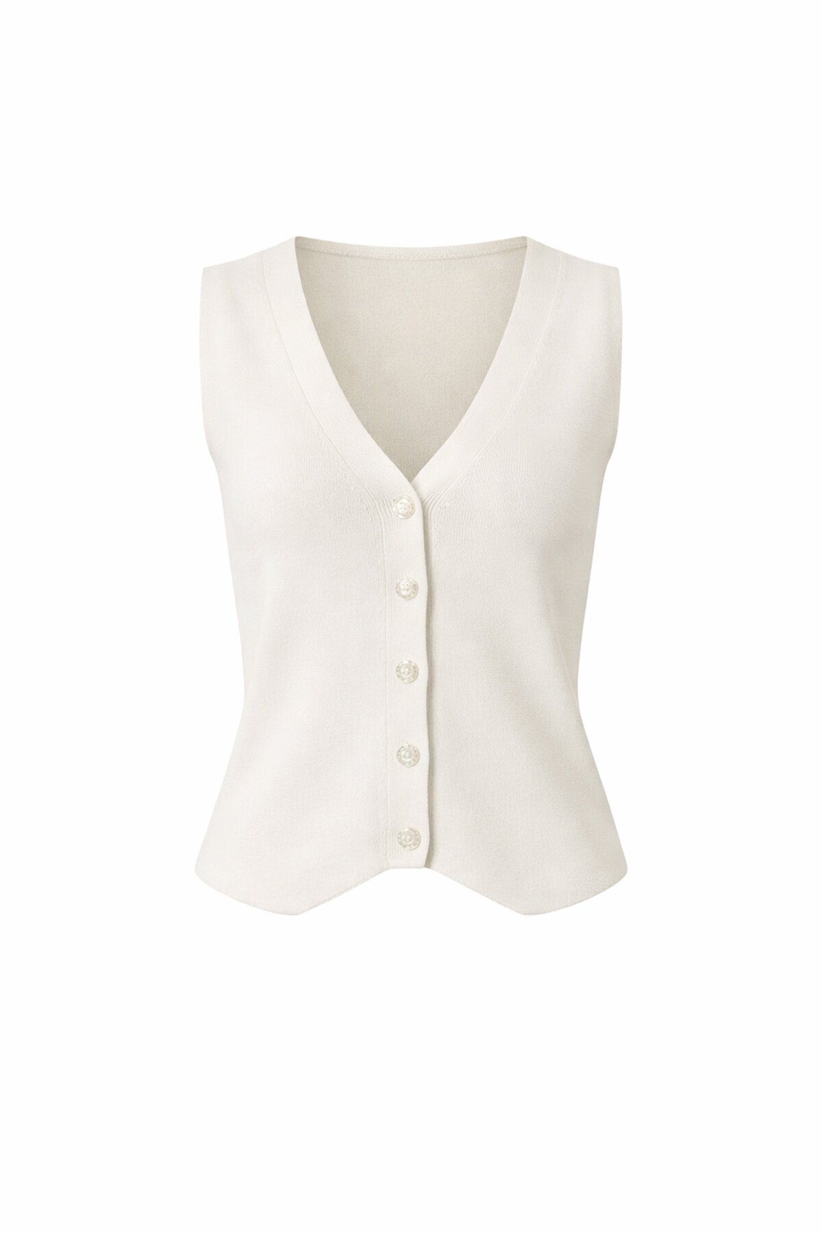 Beyaz V Yaka Düğmeli Yazlık Triko Yelek