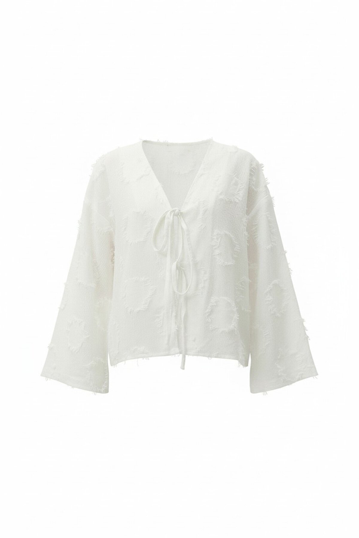 Beyaz V Yaka Önü Bağlamalı Püskül Detaylı Yazlık Keten Ceket