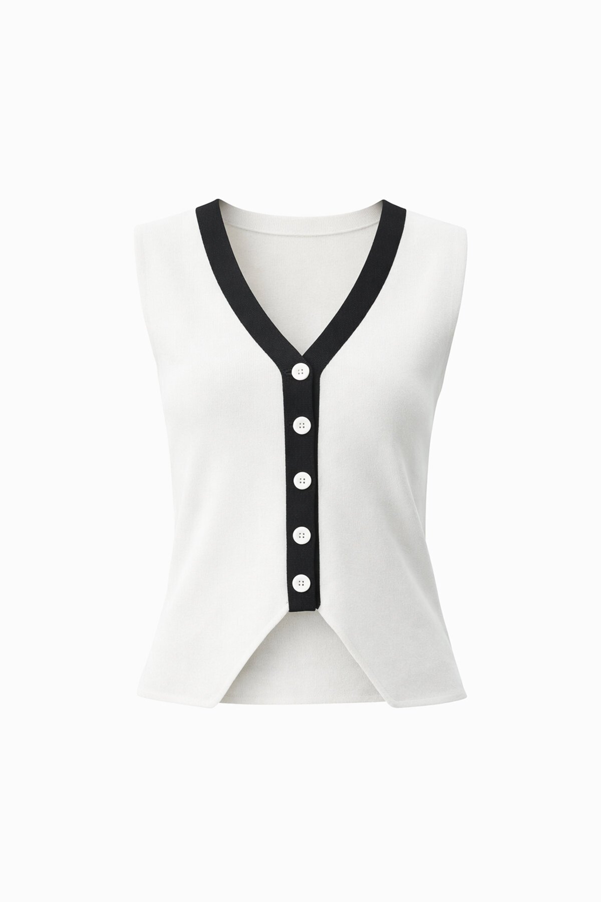 Beyaz V Yaka Renk Bloklu Triko Yelek