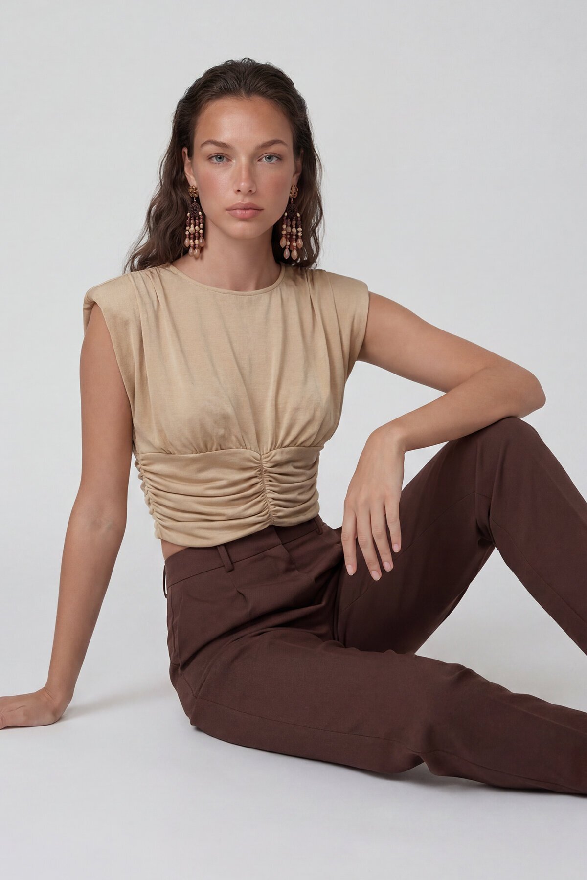 Bisiklet Yaka Drape Detaylı Vatkalı Sandy Bluz