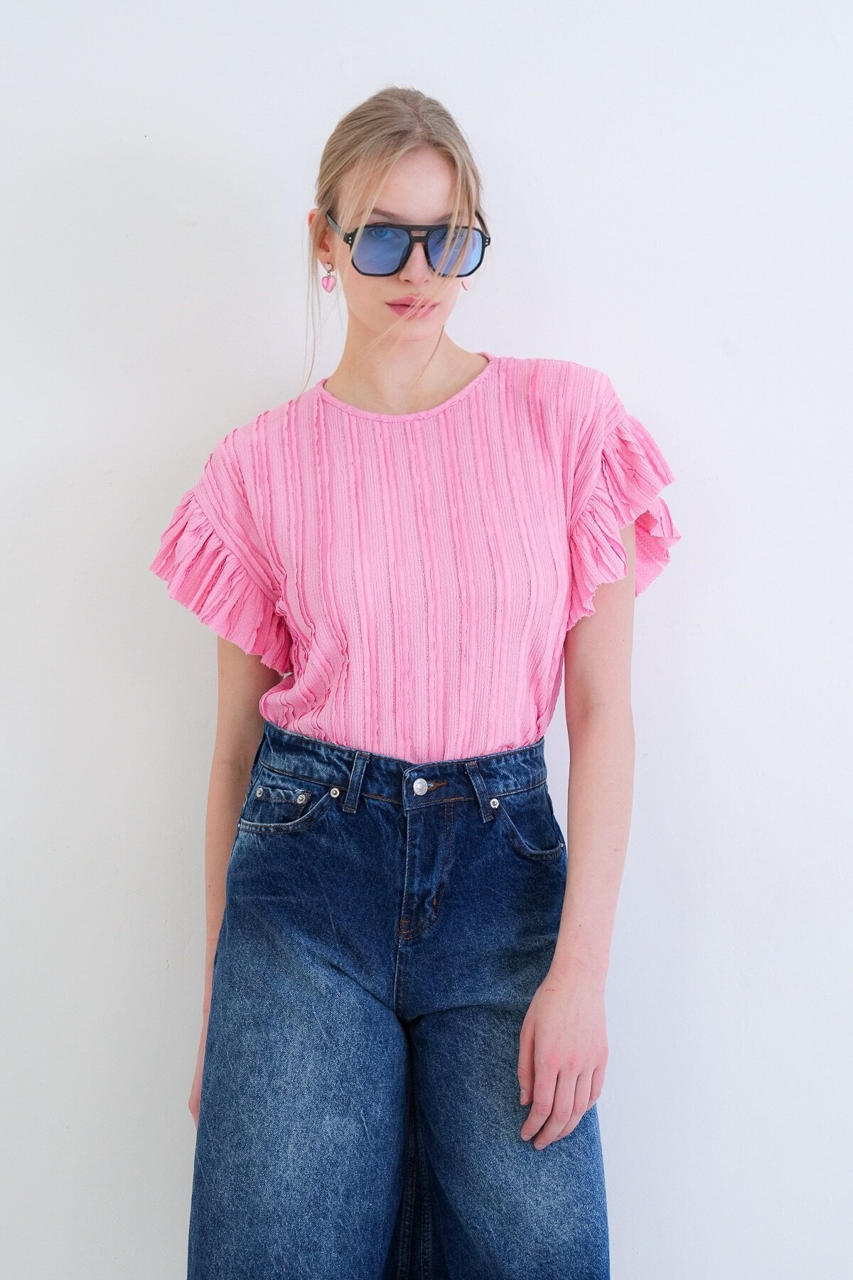 Bisiklet Yaka Kolları Fırfırlı Örme Bluz