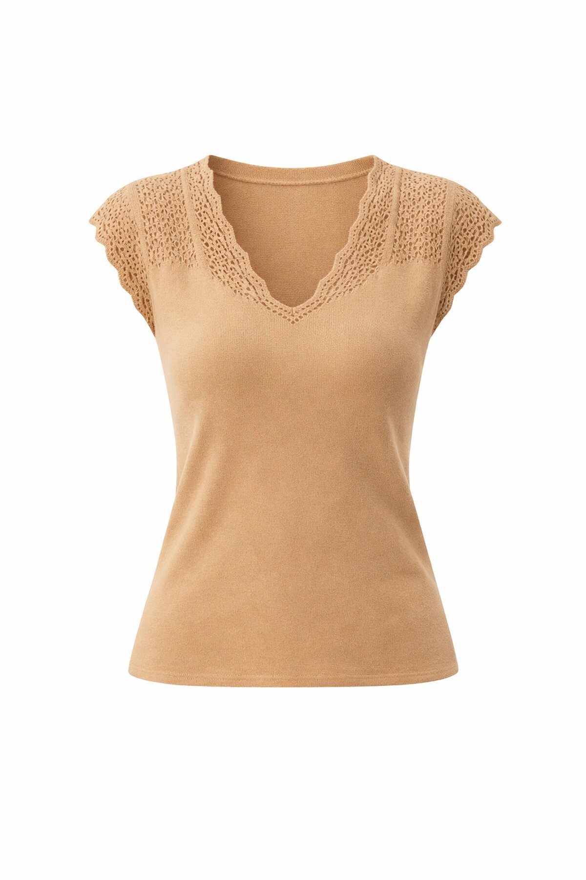 Bisküvi V Yaka Delik Ajurlu Mevsimlik Triko Bluz