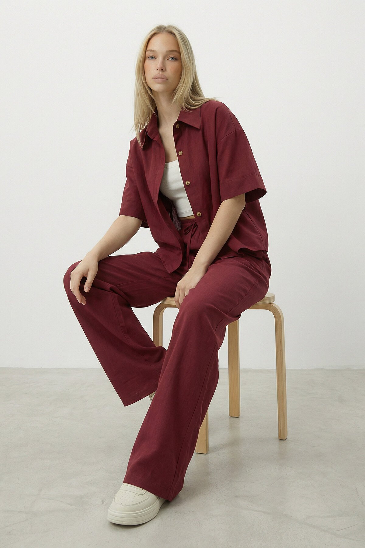 Bordo Keten Gömlek Ve Palazzo Pantolon Takım