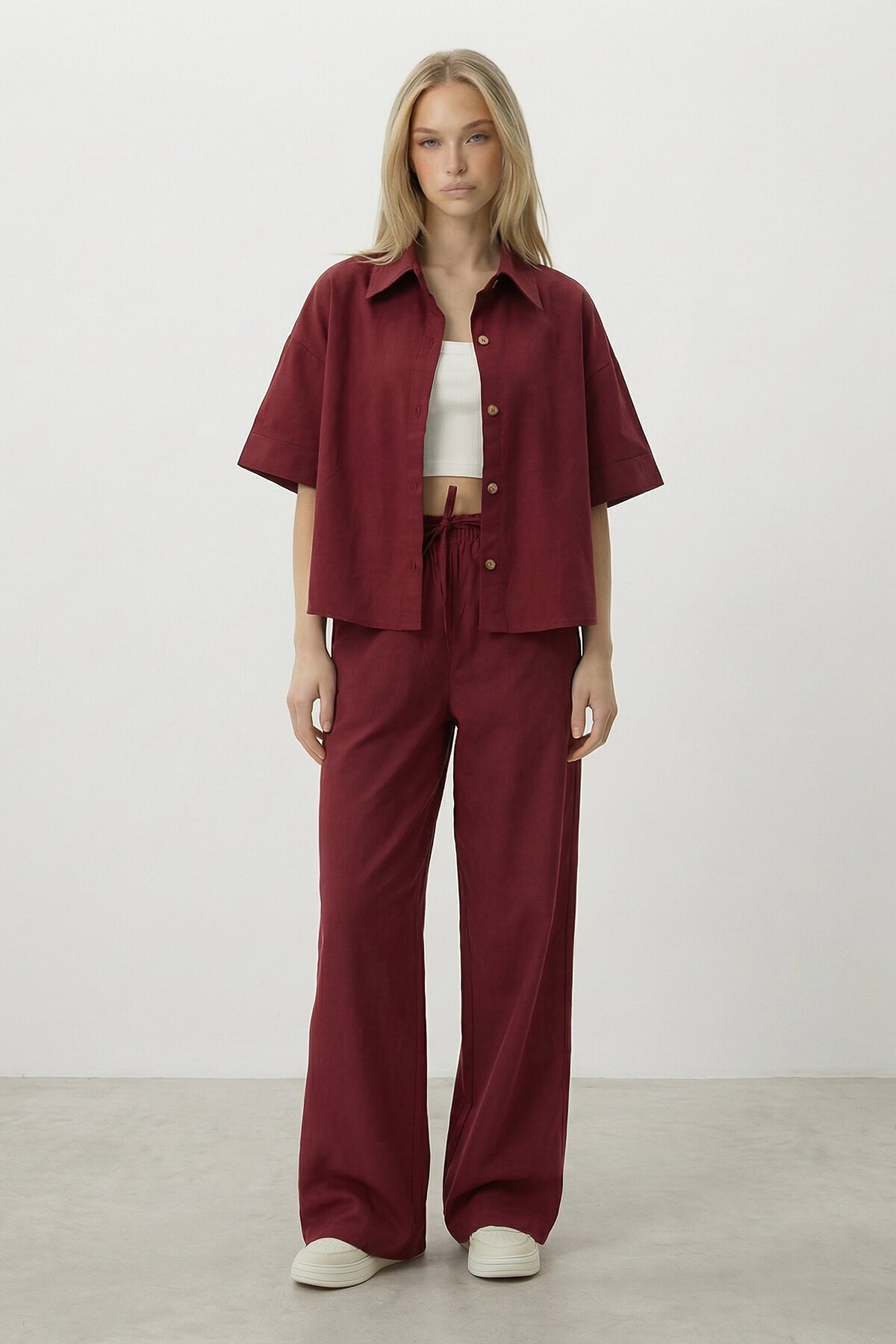 Bordo Keten Gömlek Ve Palazzo Pantolon Takım