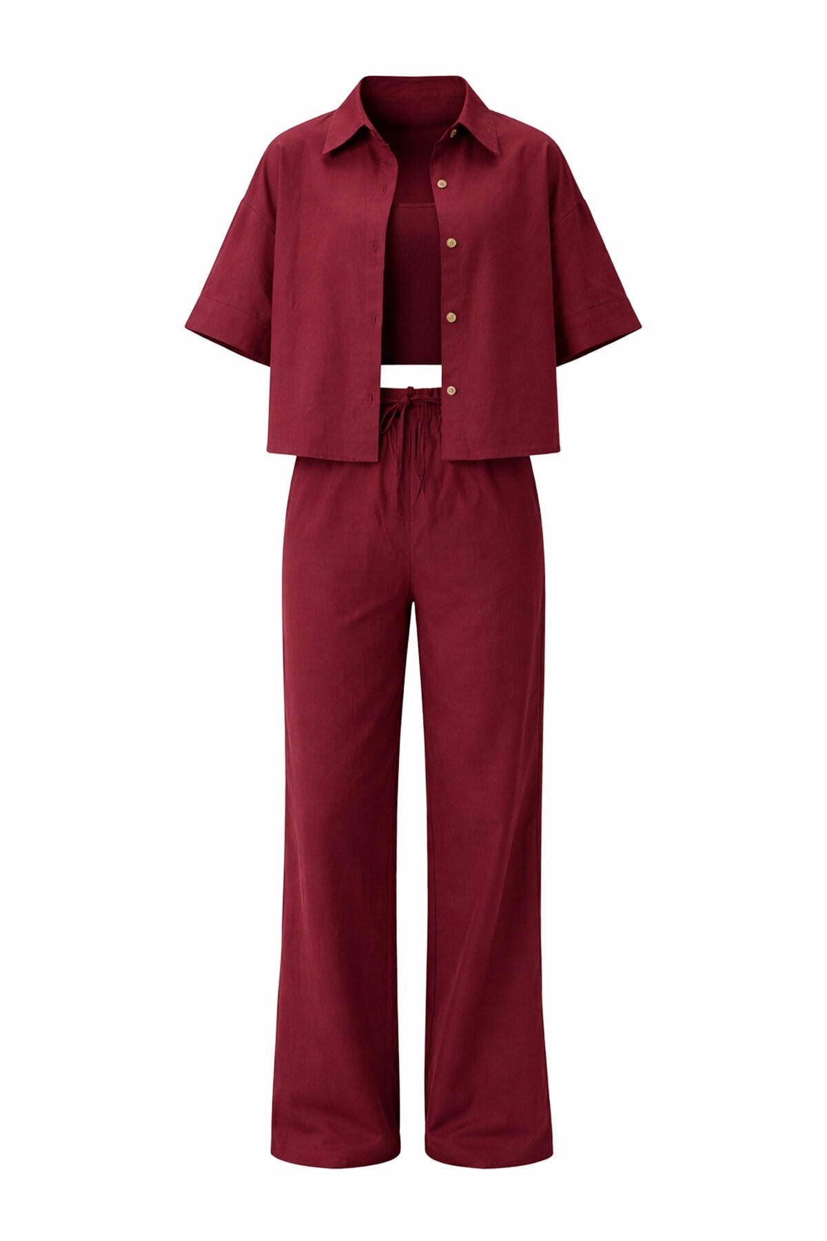 Bordo Keten Gömlek Ve Palazzo Pantolon Takım