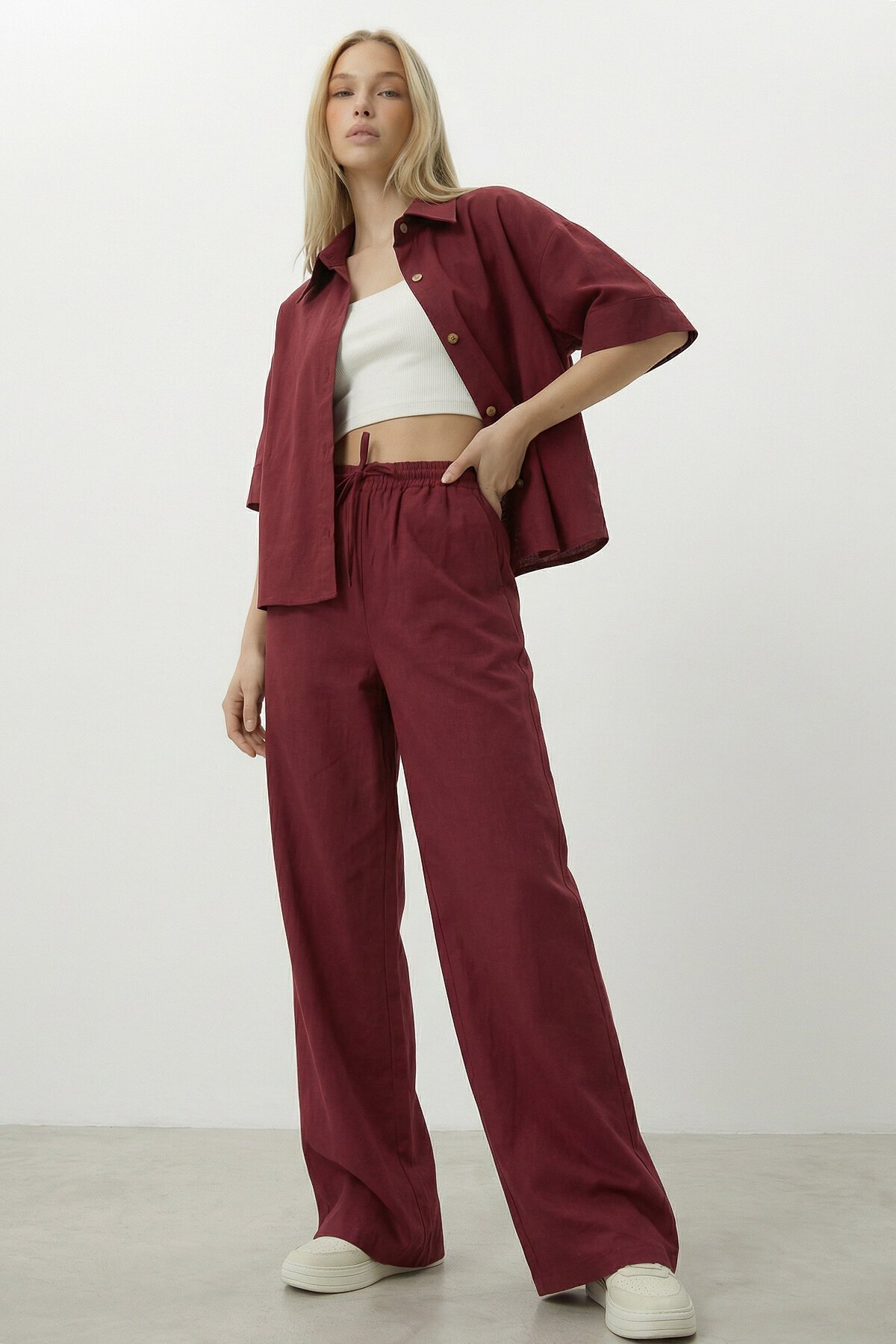 Bordo Keten Gömlek Ve Palazzo Pantolon Takım