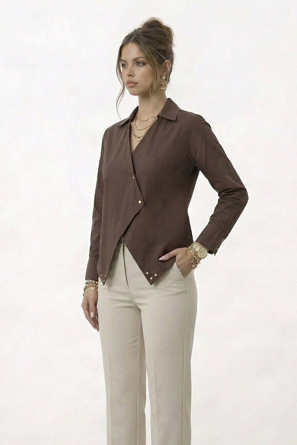 Çapraz Kapama Detaylı Uzun Kol Bluz