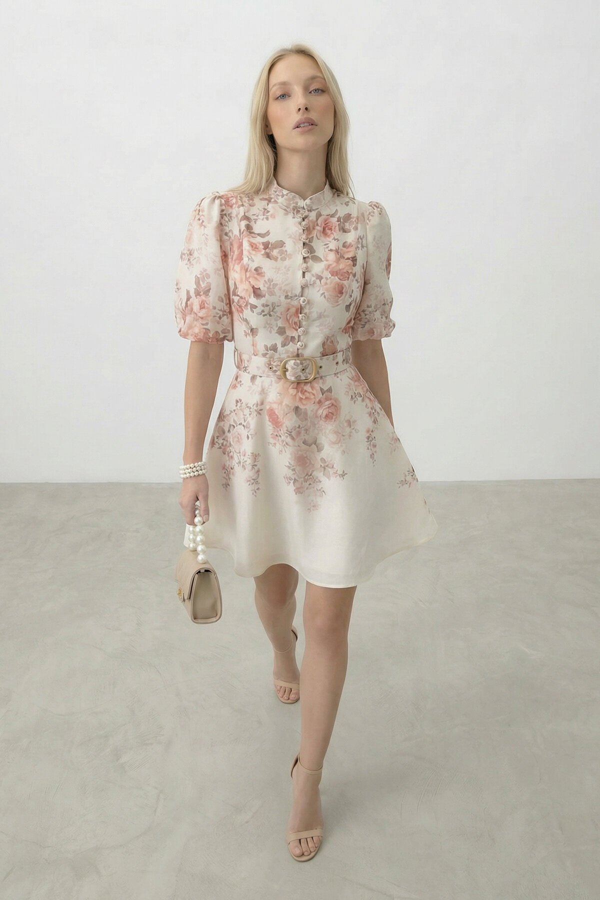 Çiçek Desenli Kemerli Mini Elbise