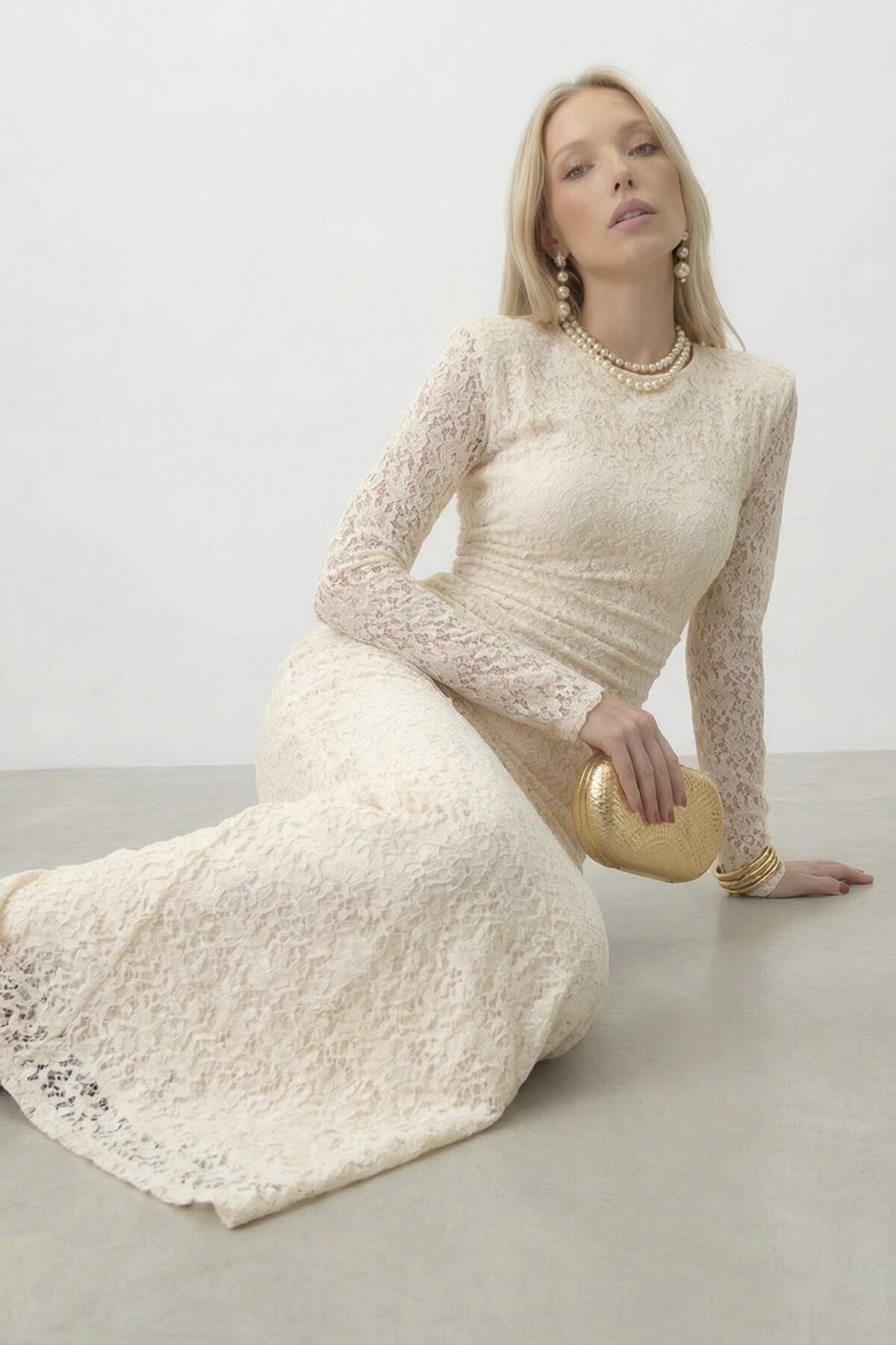 Dantelli Uzun Kol Midi Boy Elbise