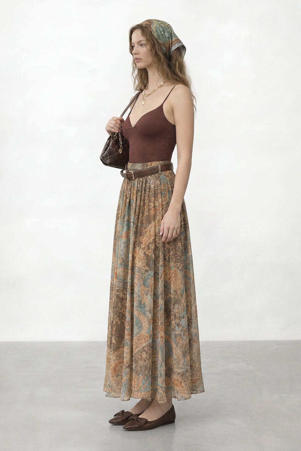 Desenli Kemerli Midi Boy Etek