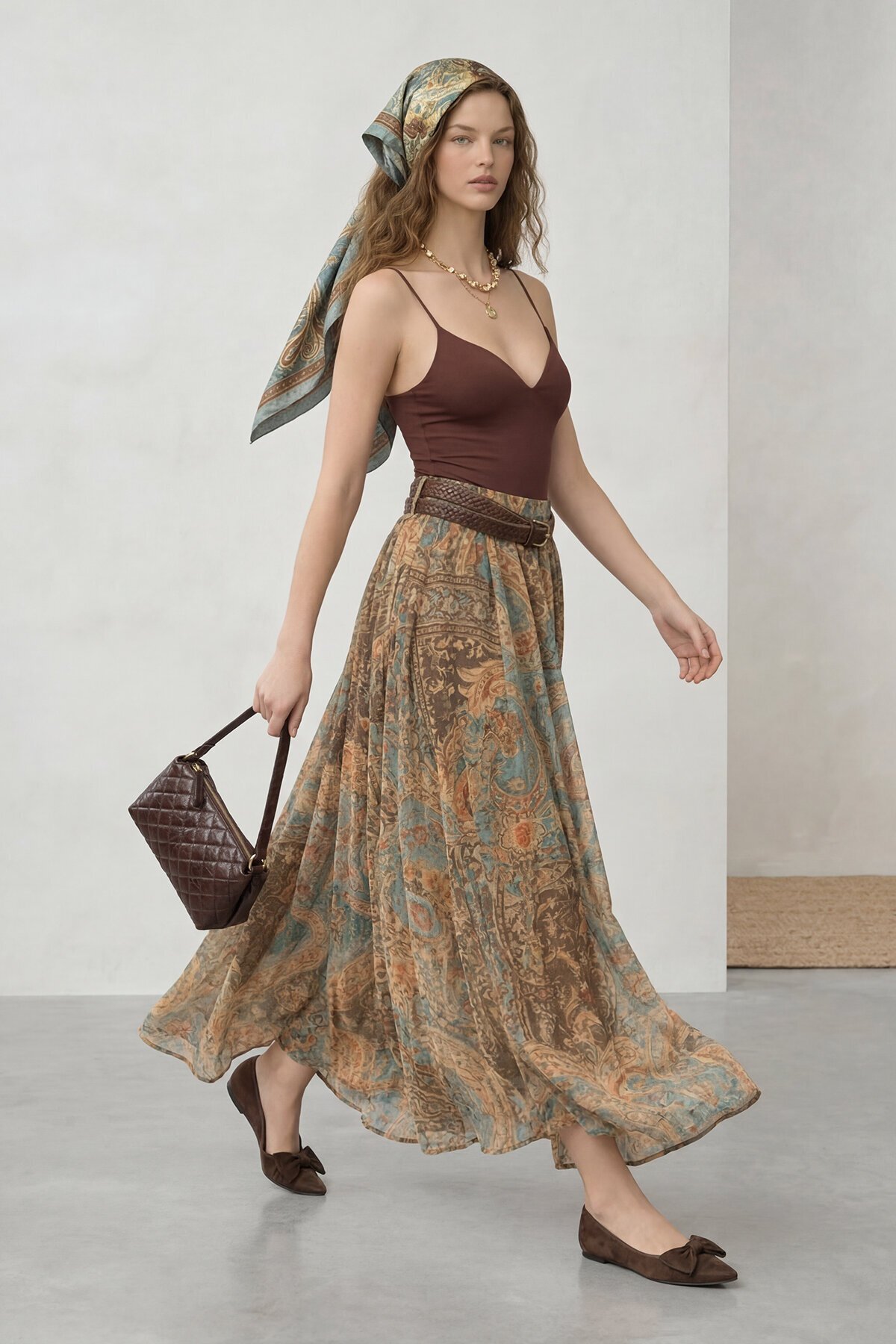 Desenli Kemerli Midi Boy Etek