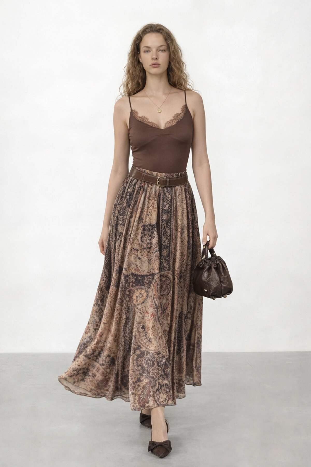 Desenli Kemerli Midi Boy Etek