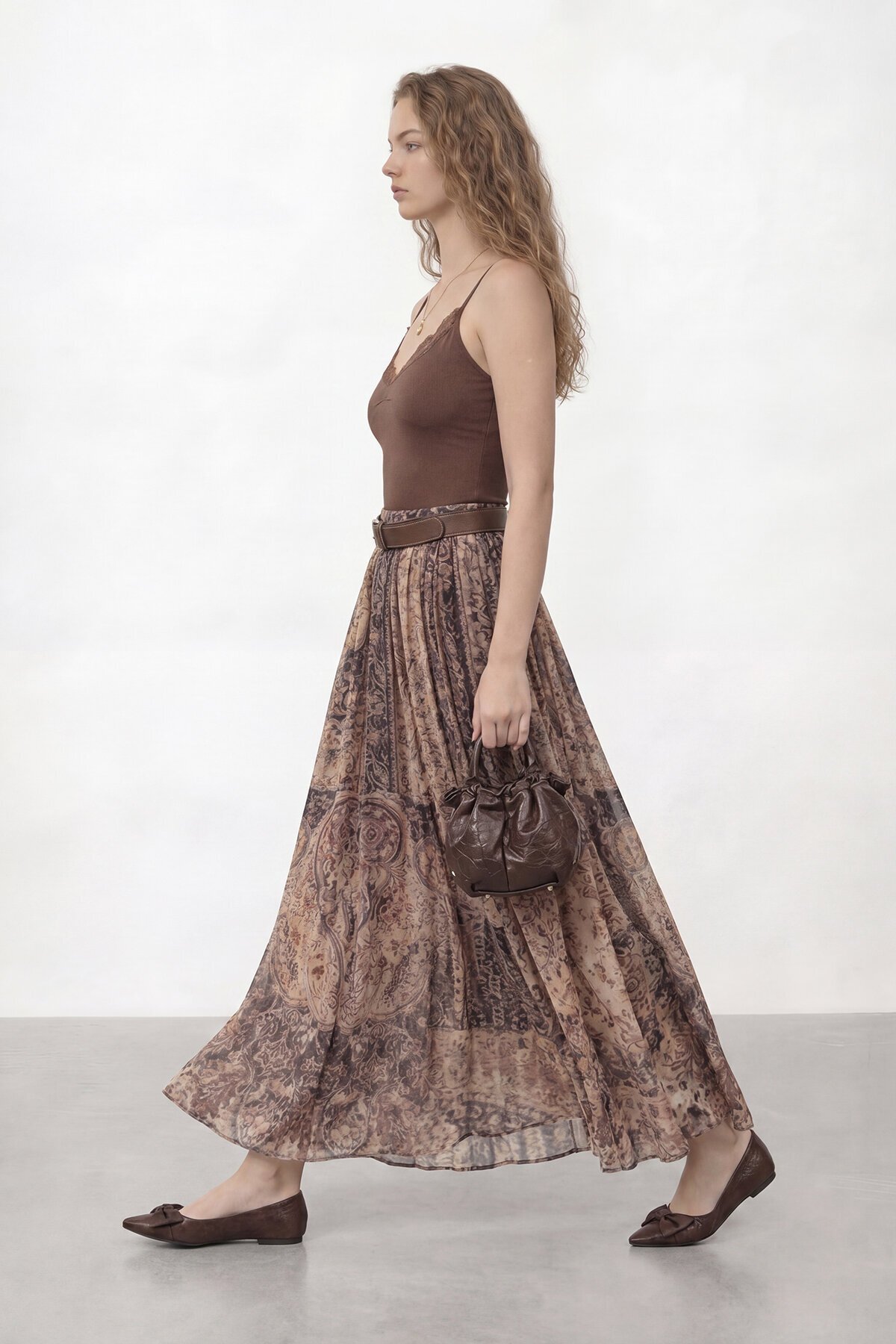 Desenli Kemerli Midi Boy Etek