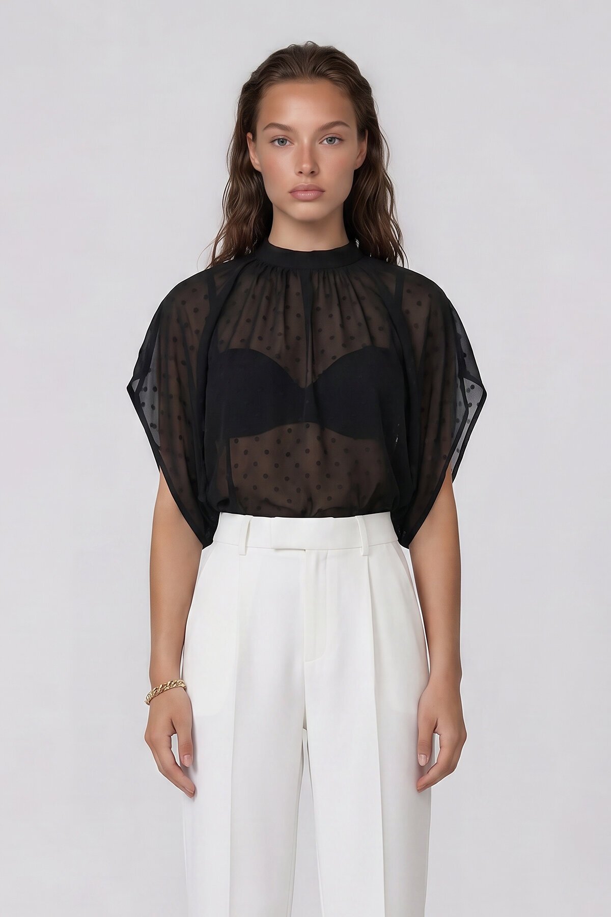 Dik Yaka Bağlamalı Drape Detaylı Şifon Bluz