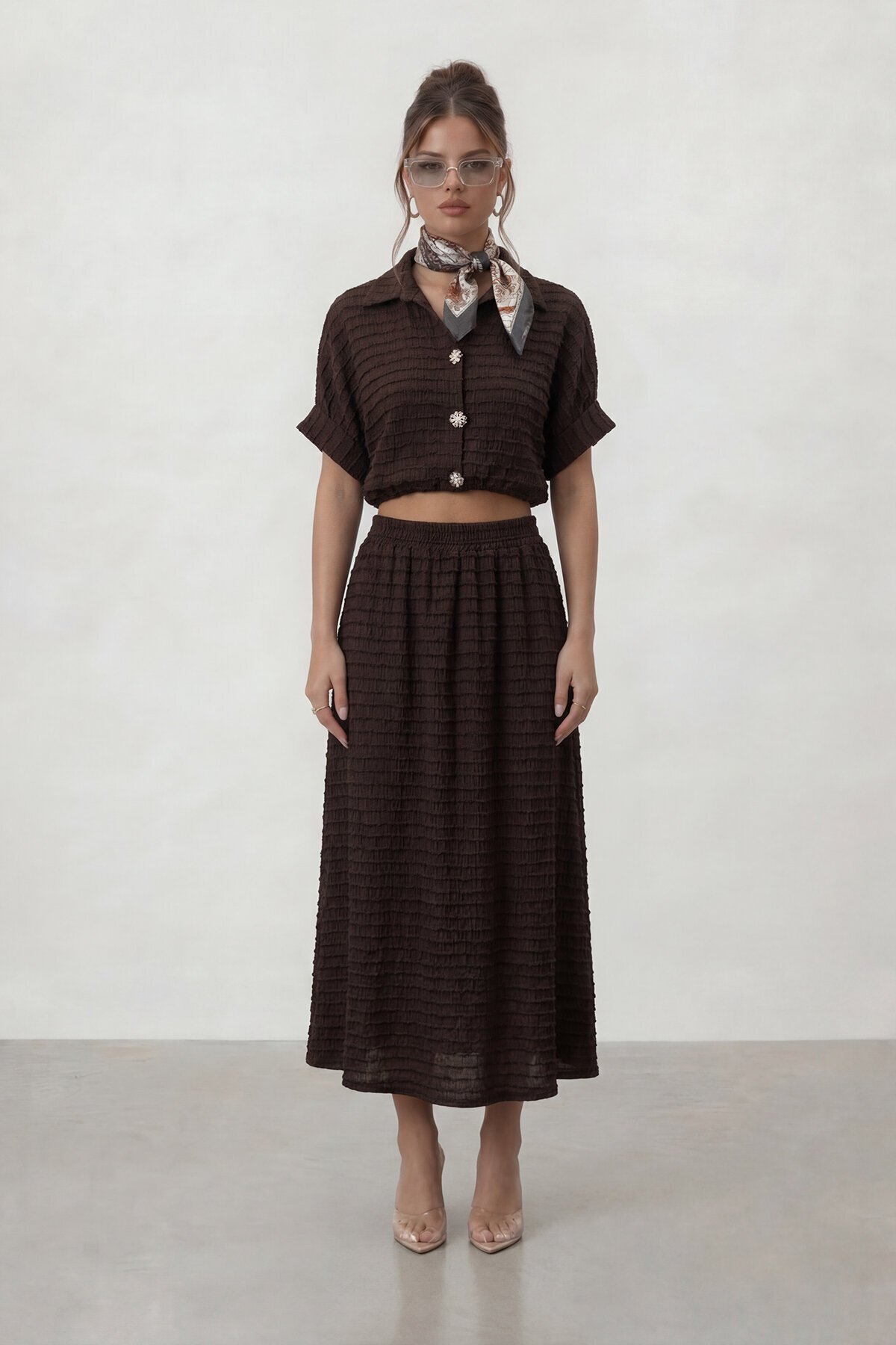 Dokulu Crop Ve Midi Etek Takım