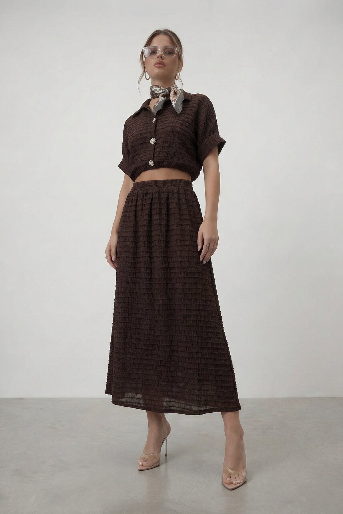 Dokulu Crop Ve Midi Etek Takım