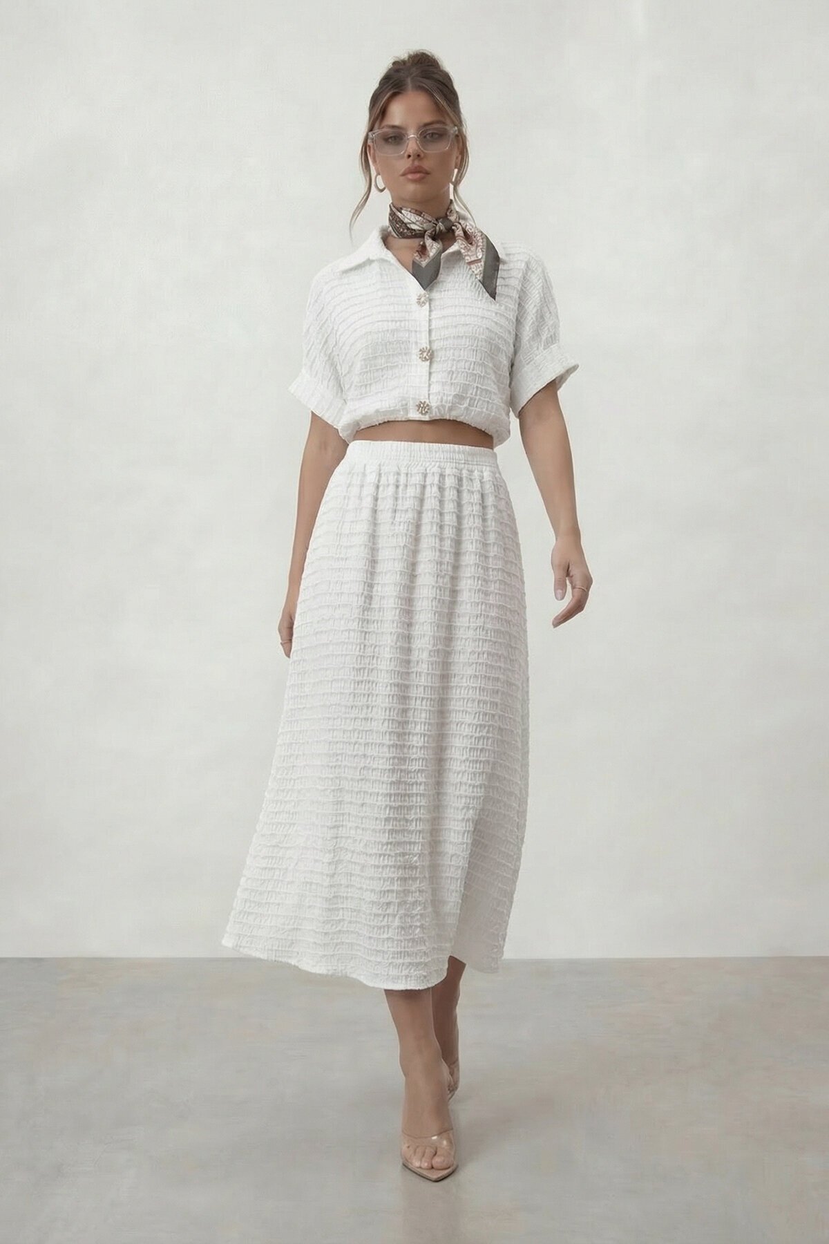 Dokulu Crop Ve Midi Etek Takım