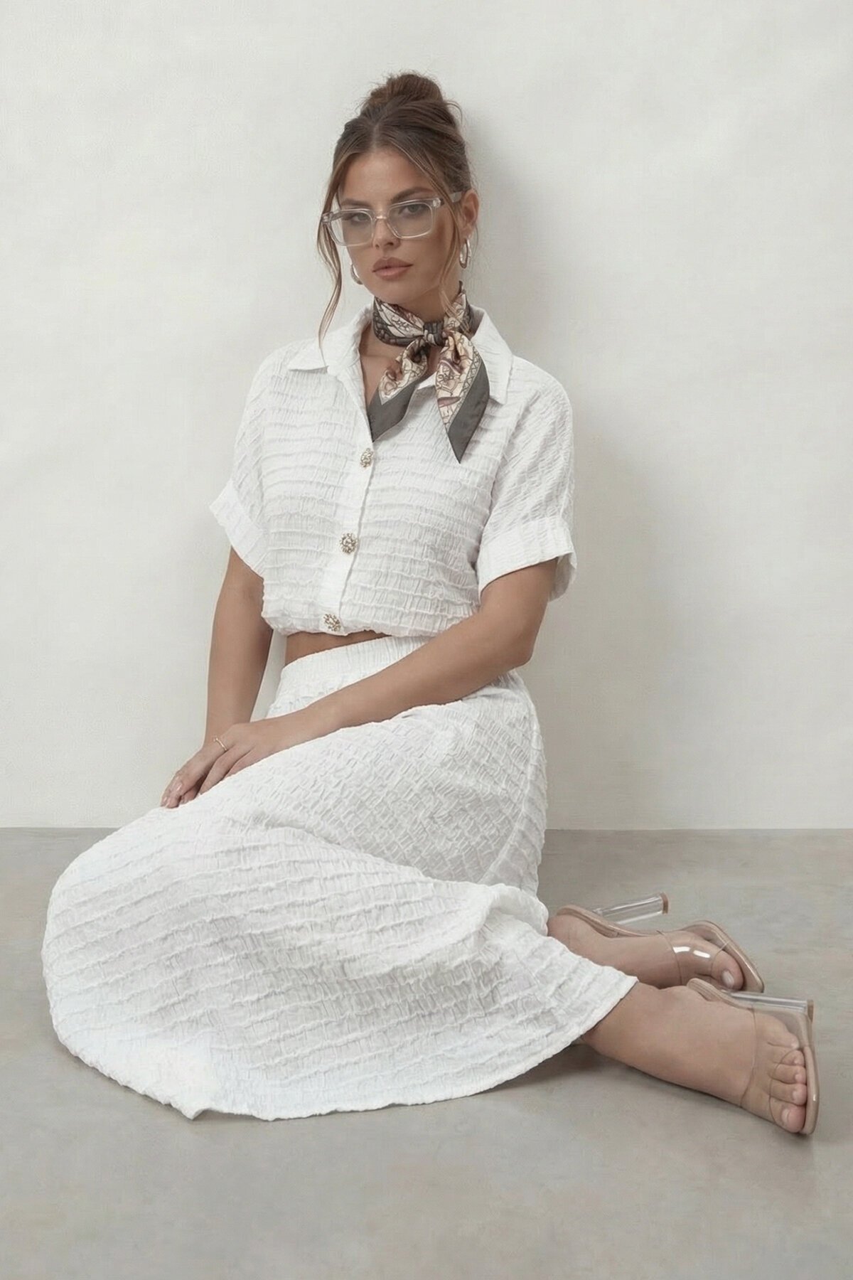 Dokulu Crop Ve Midi Etek Takım