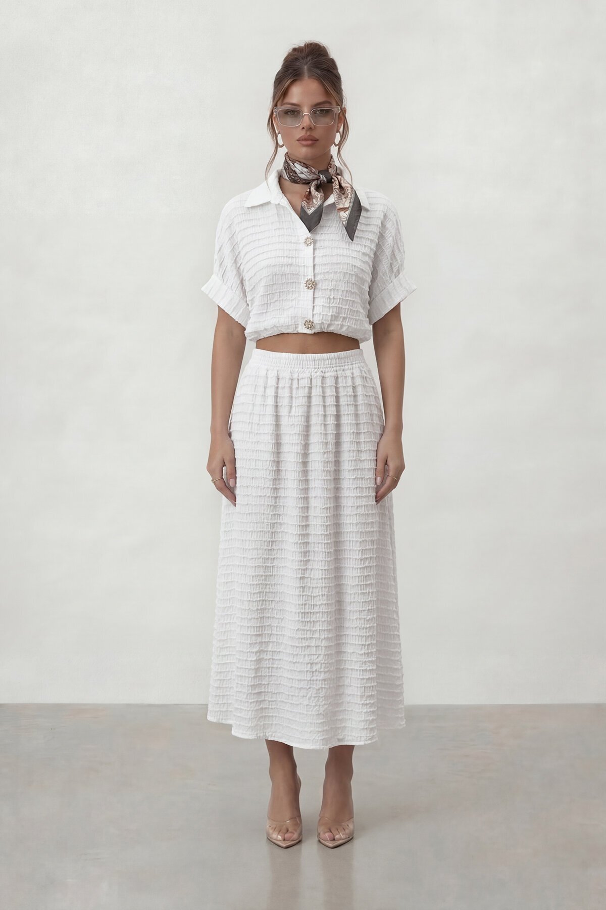 Dokulu Crop Ve Midi Etek Takım