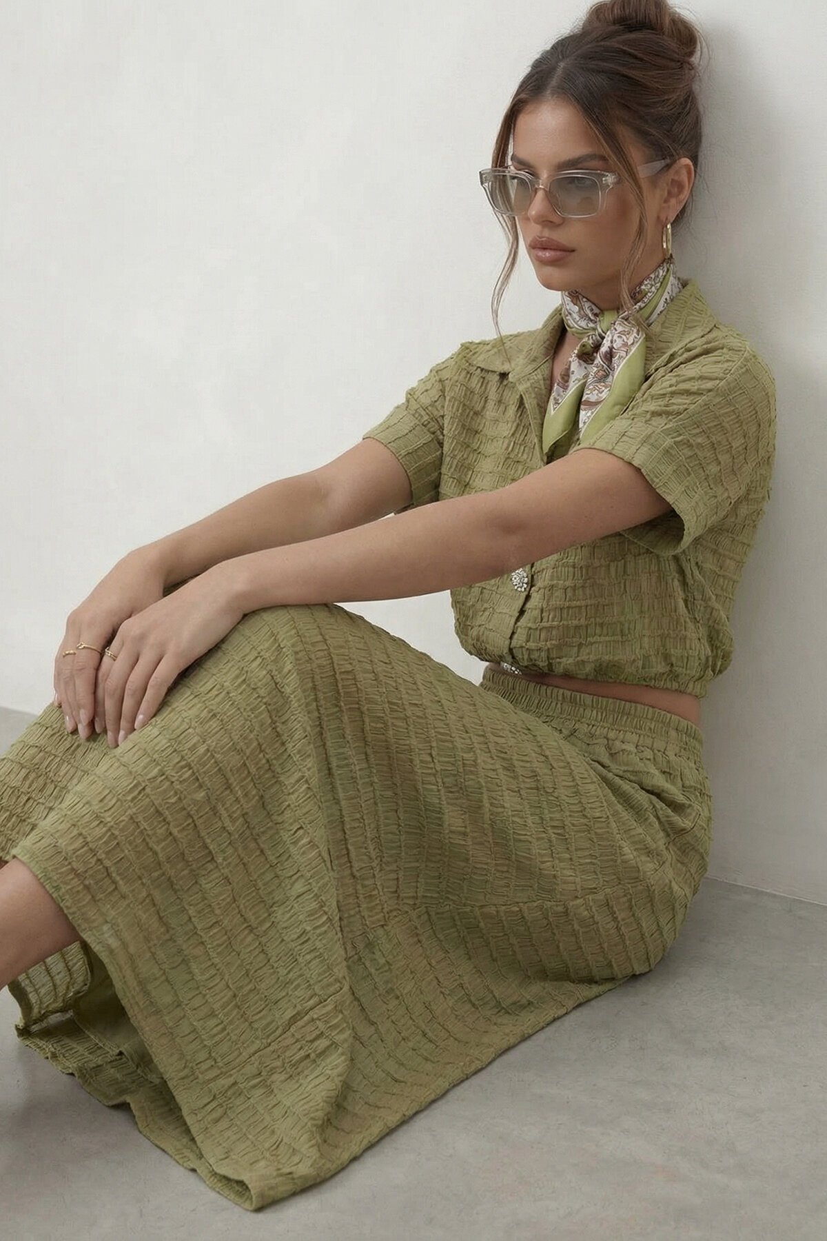 Dokulu Crop Ve Midi Etek Takım