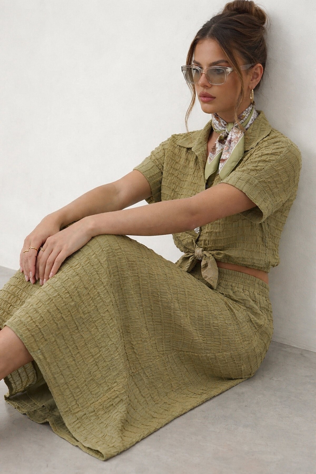 Dokulu Crop Ve Midi Etek Takım