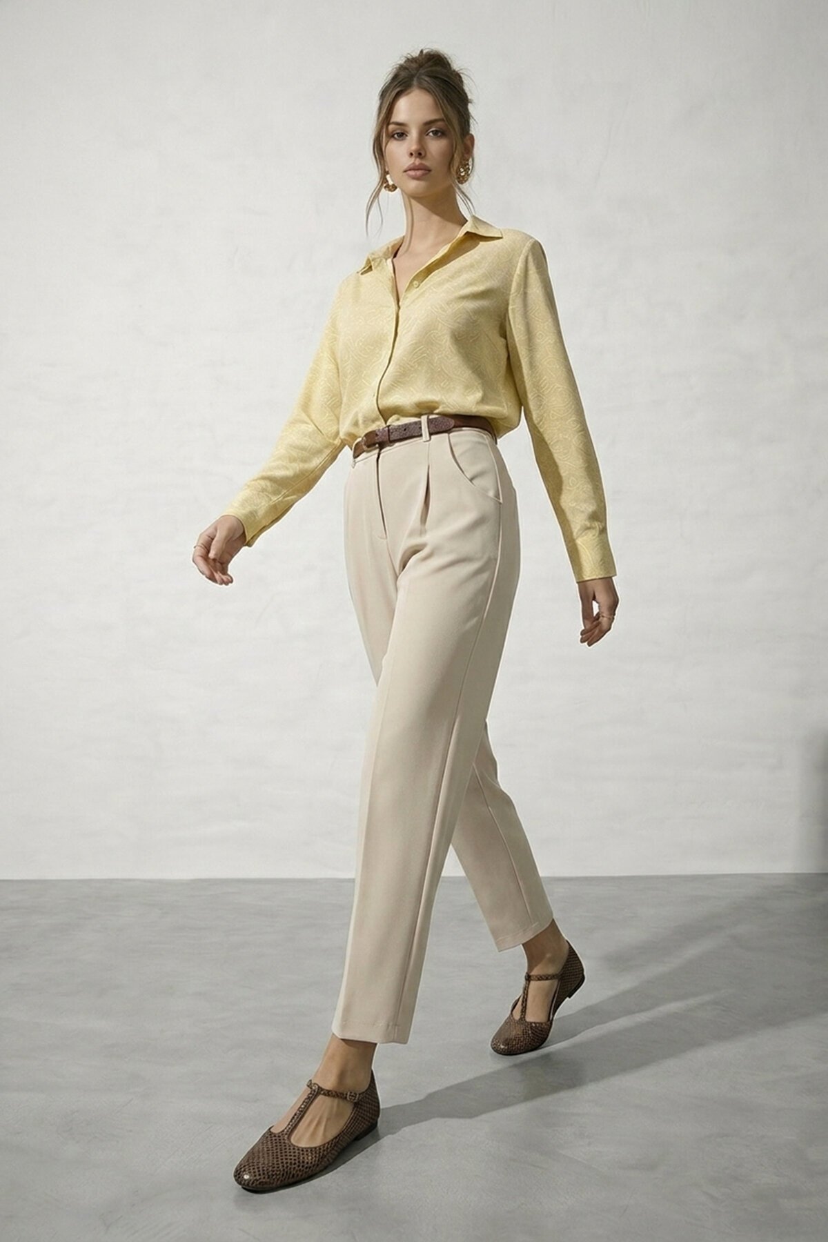 Dokulu Düğmeli Uzun Kol Gömlek