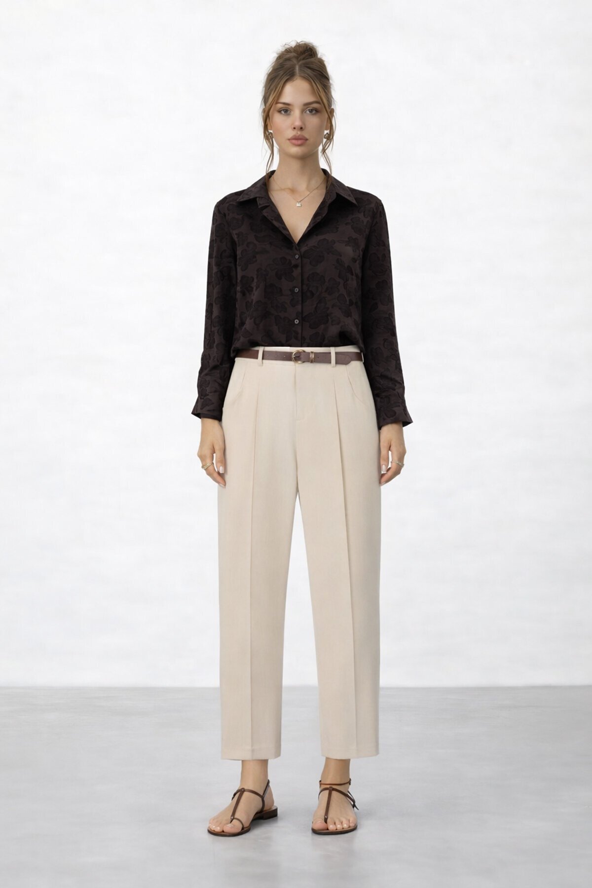 Dokulu Düğmeli Uzun Kol Gömlek