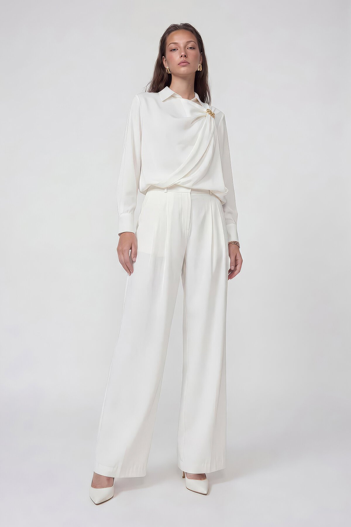 Drapeli Tokalı Uzun Kollu Bluz Ve Pantolon Takım