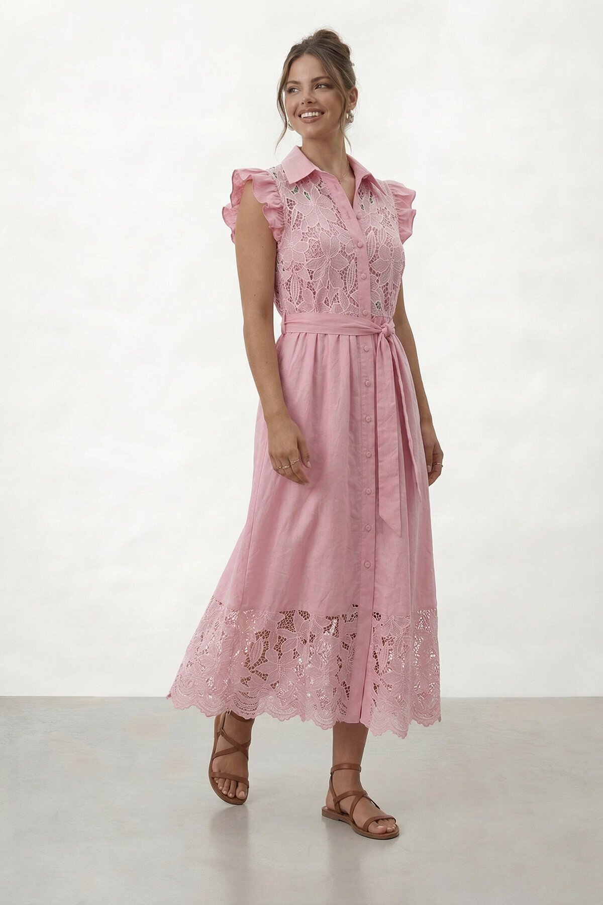 Düğmeli Fırfır Kollu Dantel Detaylı Midi Elbise