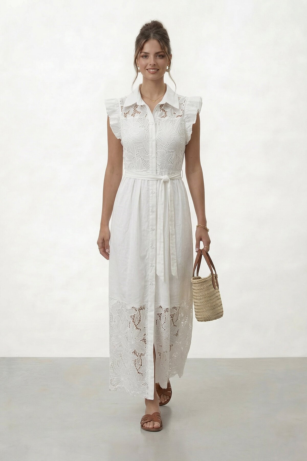 Düğmeli Fırfır Kollu Dantel Detaylı Midi Elbise