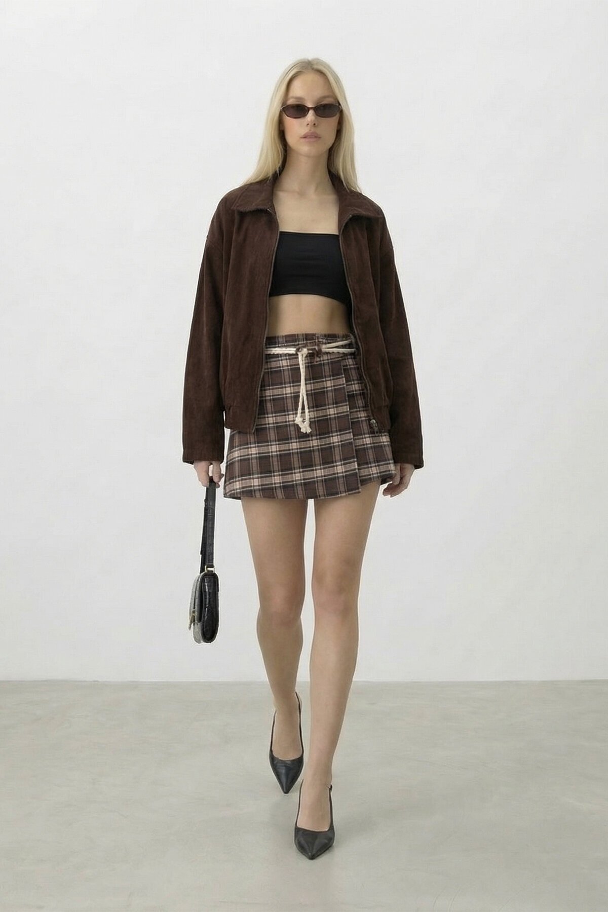 Ekoseli Bağlamalı Mini Etek