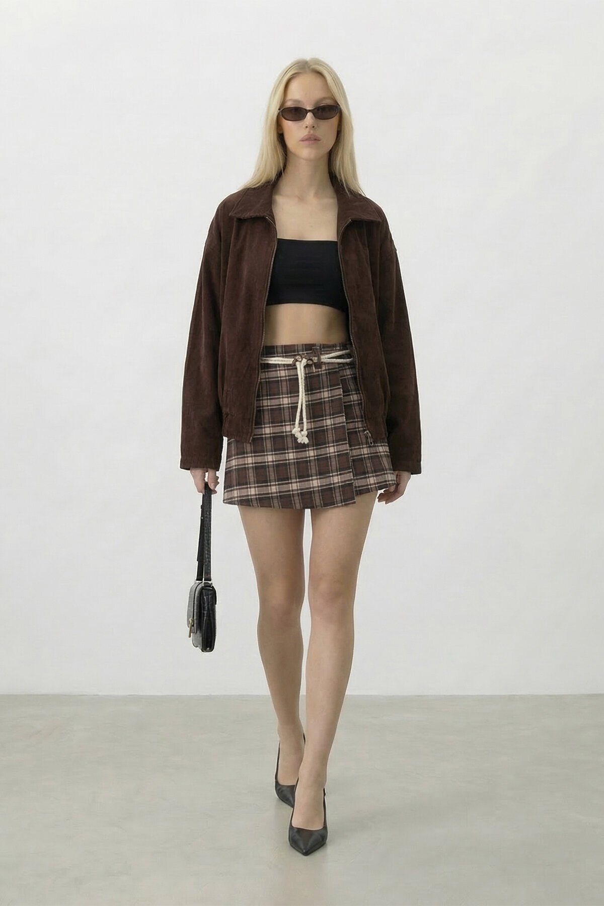 Ekoseli Bağlamalı Mini Etek