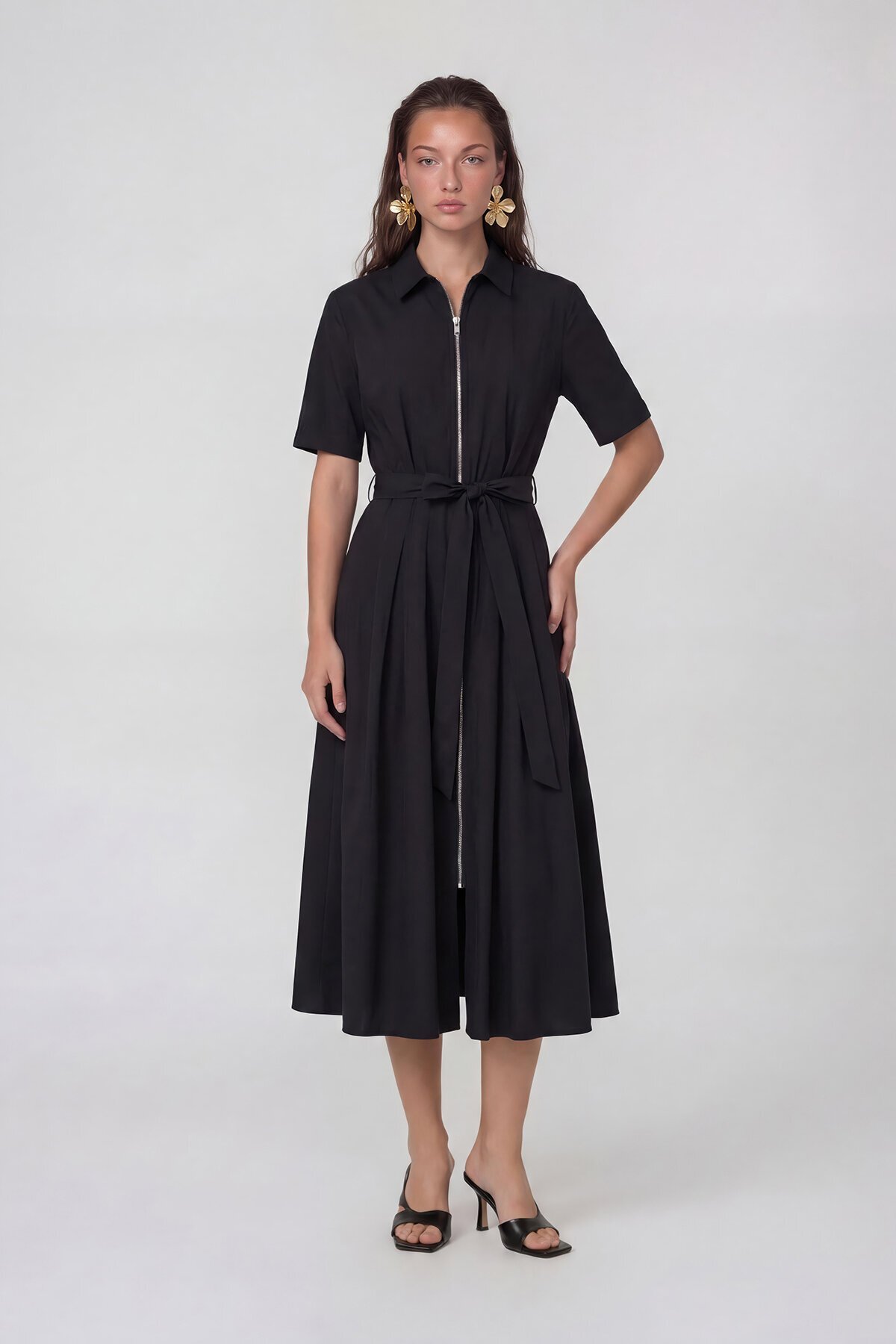 Fermuar Detaylı Belden Bağlamalı Midi Elbise