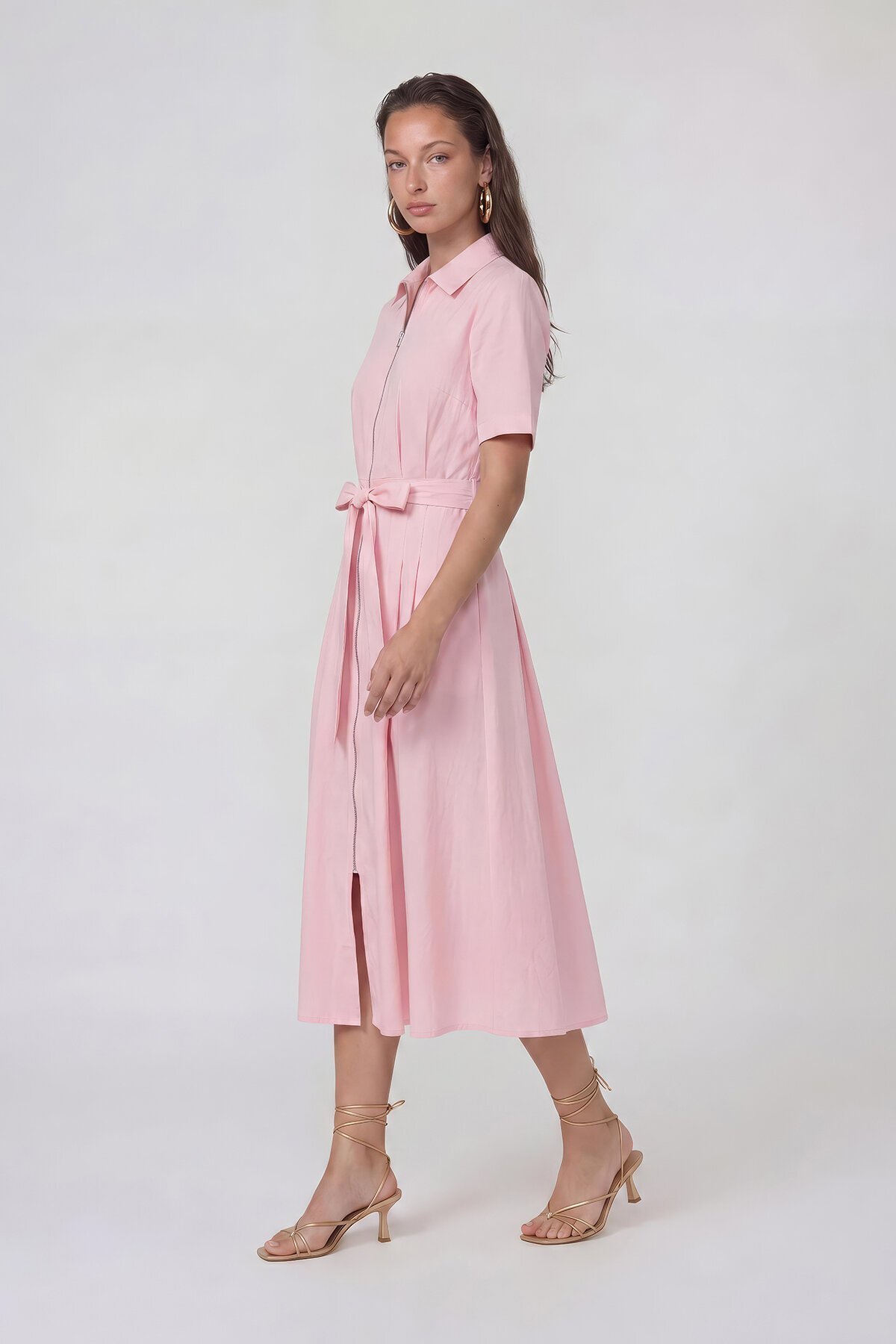 Fermuar Detaylı Belden Bağlamalı Midi Elbise