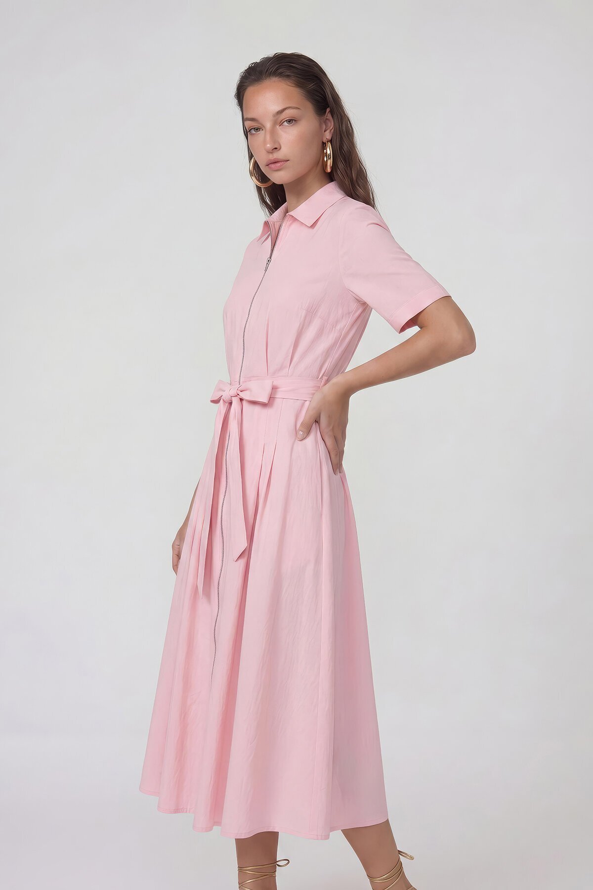 Fermuar Detaylı Belden Bağlamalı Midi Elbise